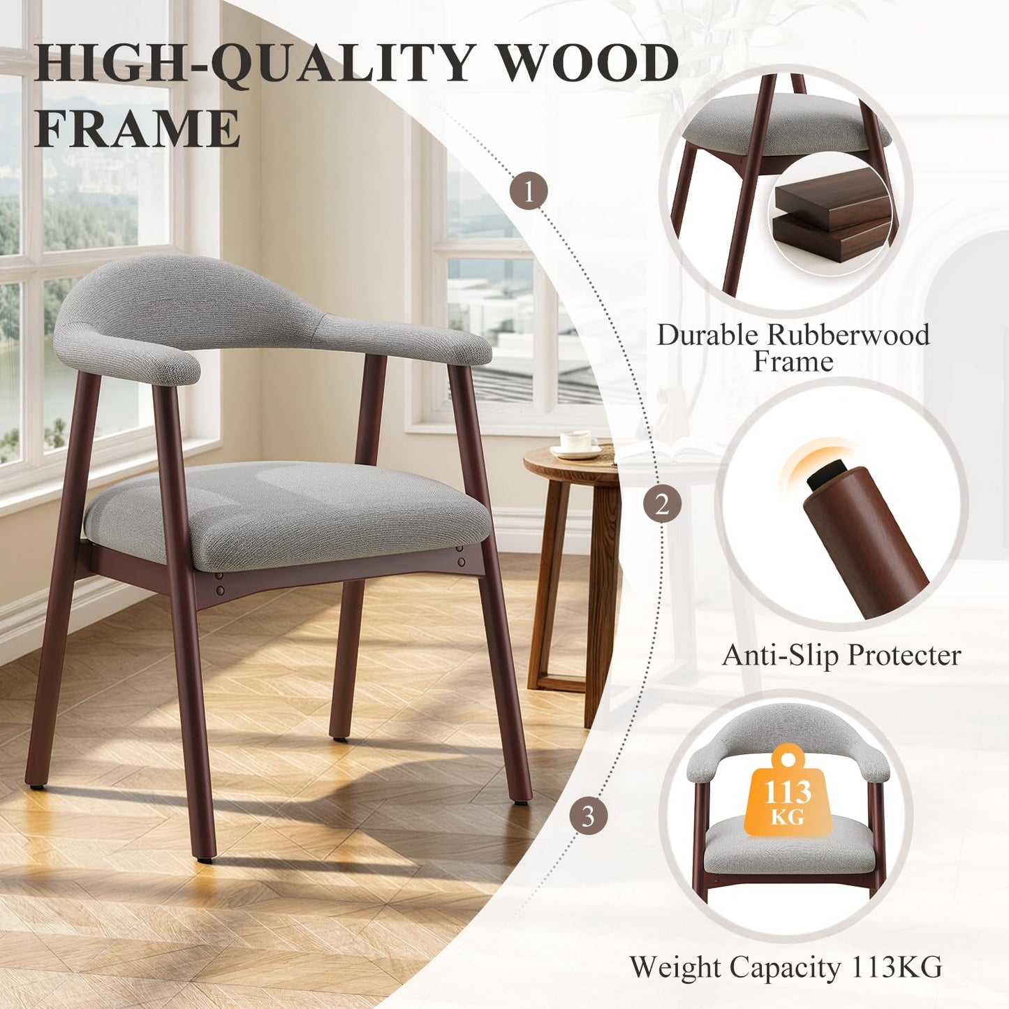 MALOL Wooden Dining Chairs Set of 4, Fabric Chairs for Dining Room with Armrest, Upholstered Kitchen Chairs with Curved Back and Wood Legs for Dining