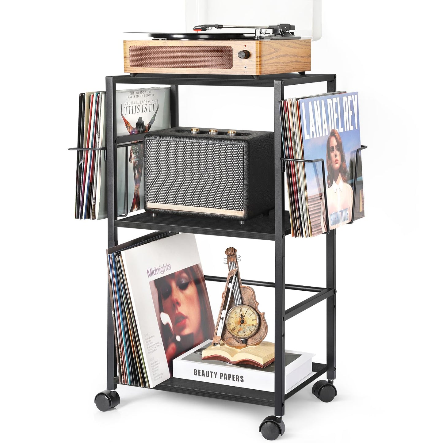 Bikoney Rolling Record Player Stand with Vinyl Storage for 150 Albums,Black
