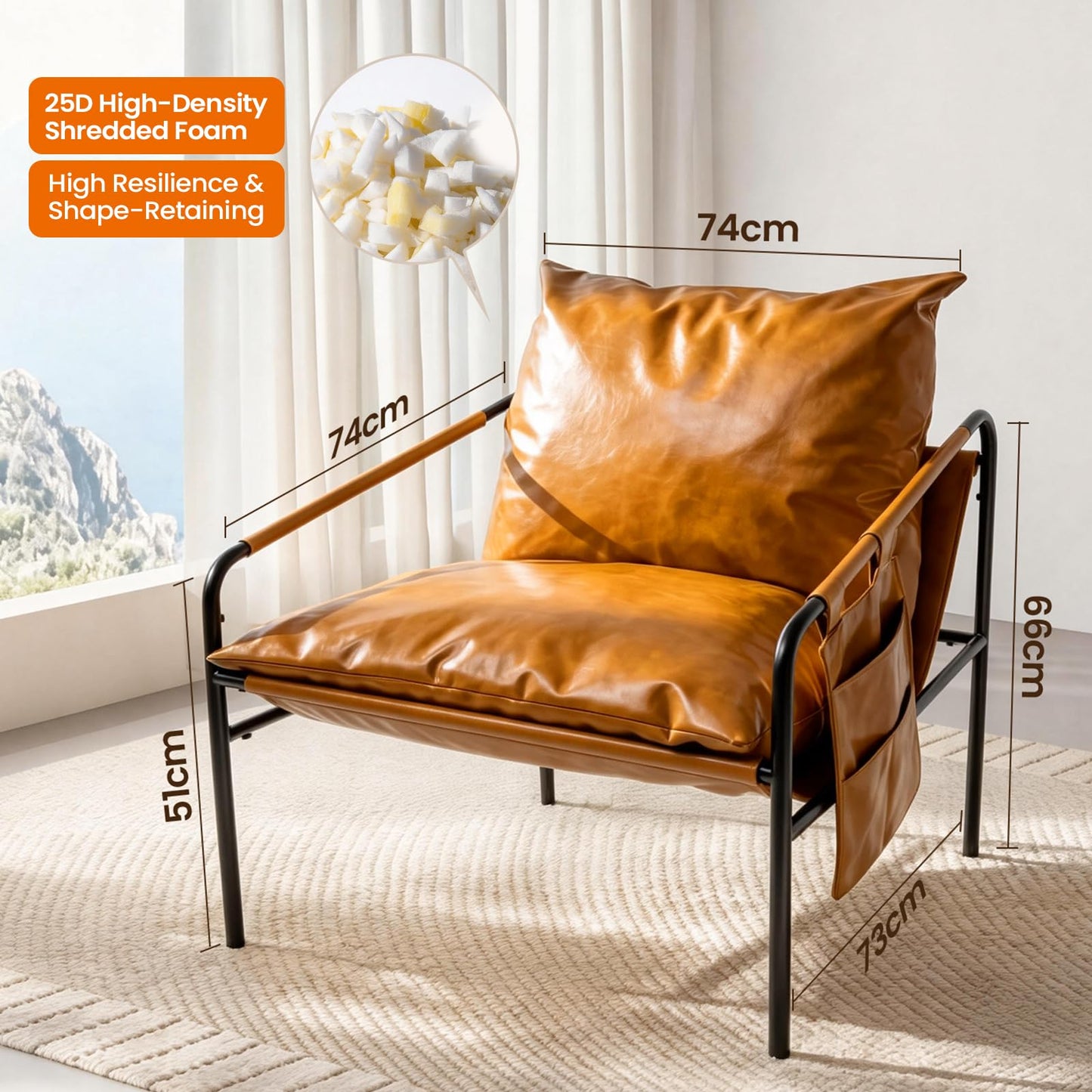 Modern Faux leather Armchair Comfy Accent Chair with Sturdy Metal Frame Wood Armrest And bag Living Room chairs Soft Cushion Lounge couch sofa Chair