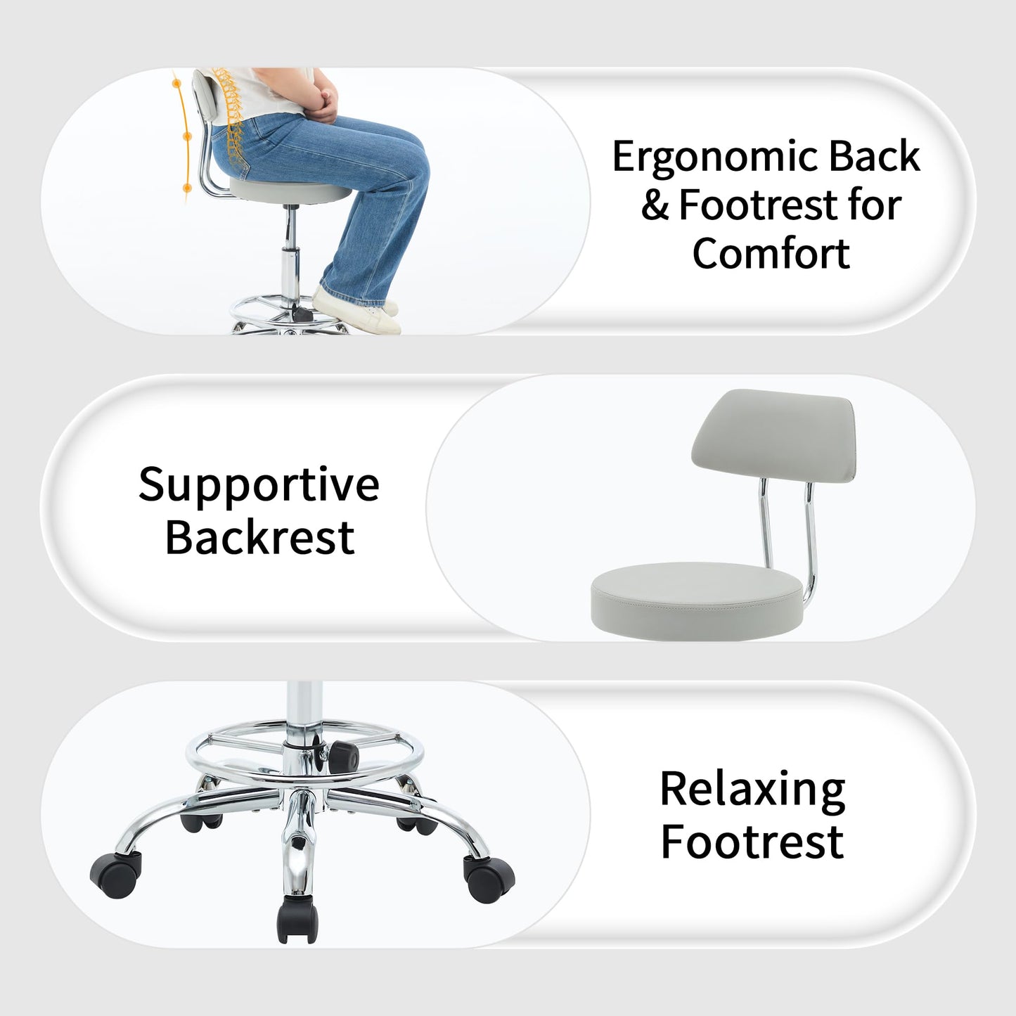 FIRAVOE Height Adjustable Drafting Office Chair with Backrest and Footrest, Swivel Drum Stool, Space-Saving Tattoo Chair 49.5–67.6 cm Height