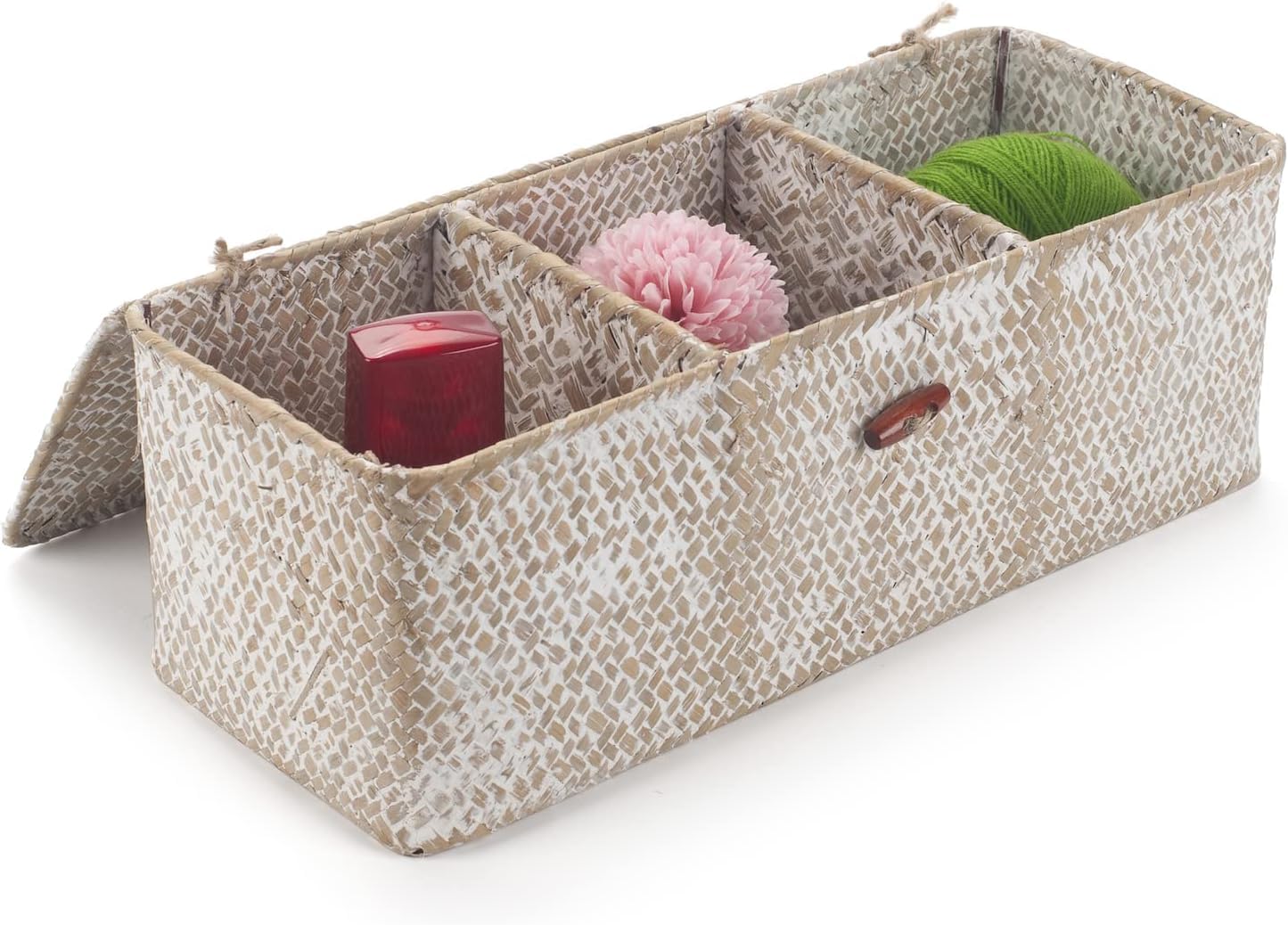 Seagrass Bathroom Storage Basket with Lid, Wicker Toilet Tank Basket, Woven Storage Box with 3 Compartments for Organizer (White, 13 x 13 x 11 cm)