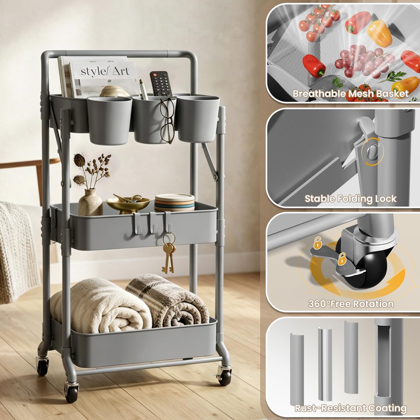 Shrivee 3-Tier Foldable Metal Organiser - Shelf Cart on Wheels, Grey