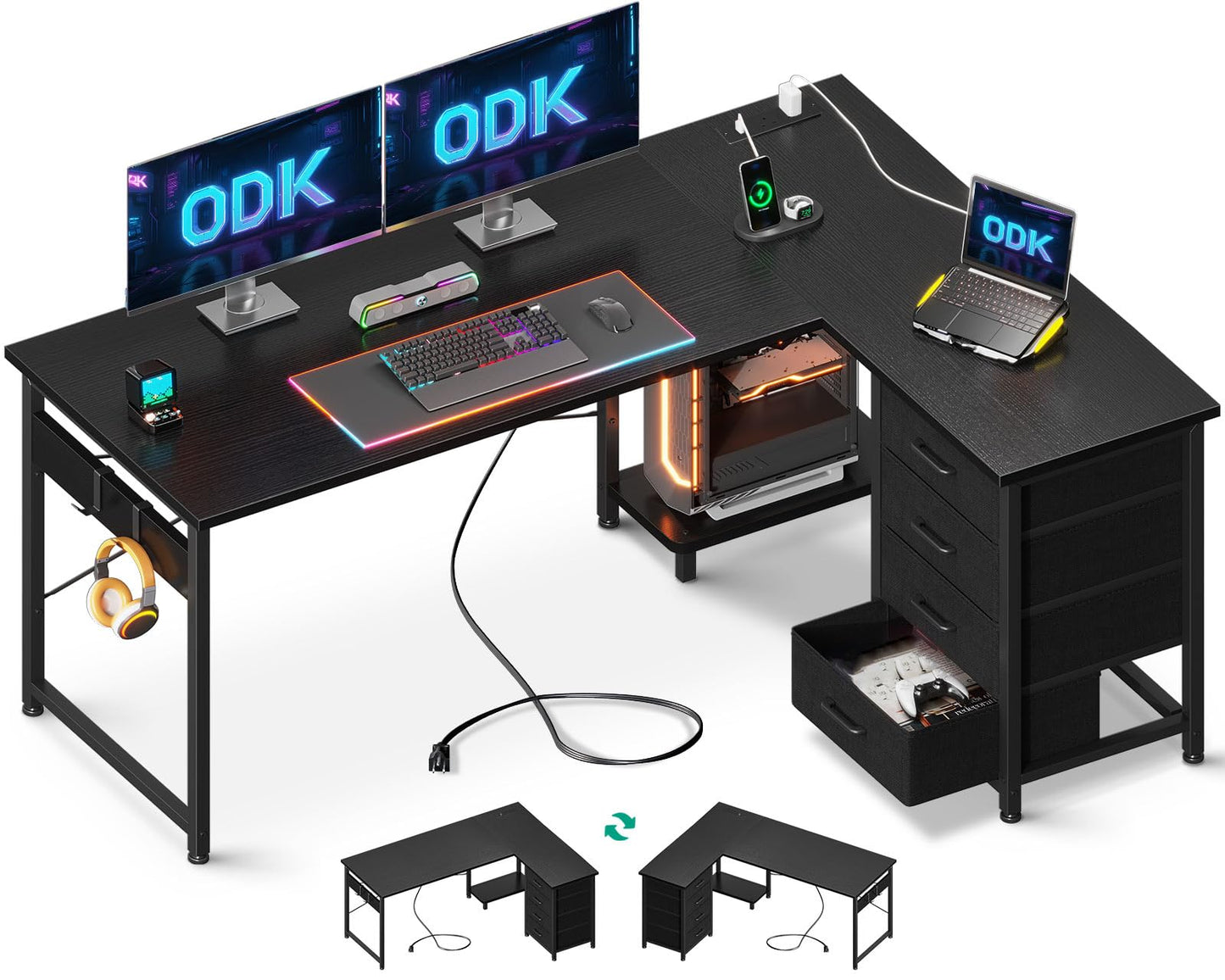 ODK Corner Desk with Drawers, L Shaped Computer Desk, 135 x 100 cm, Black