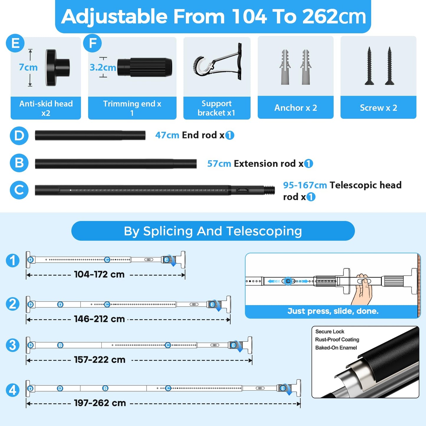 AIZESI Black Shower Curtain Pole 105-262Cm, Extendable Curtain Poles Extra Long Tension Rod, Shower Curtain Rail Room Divider Curtain Rod