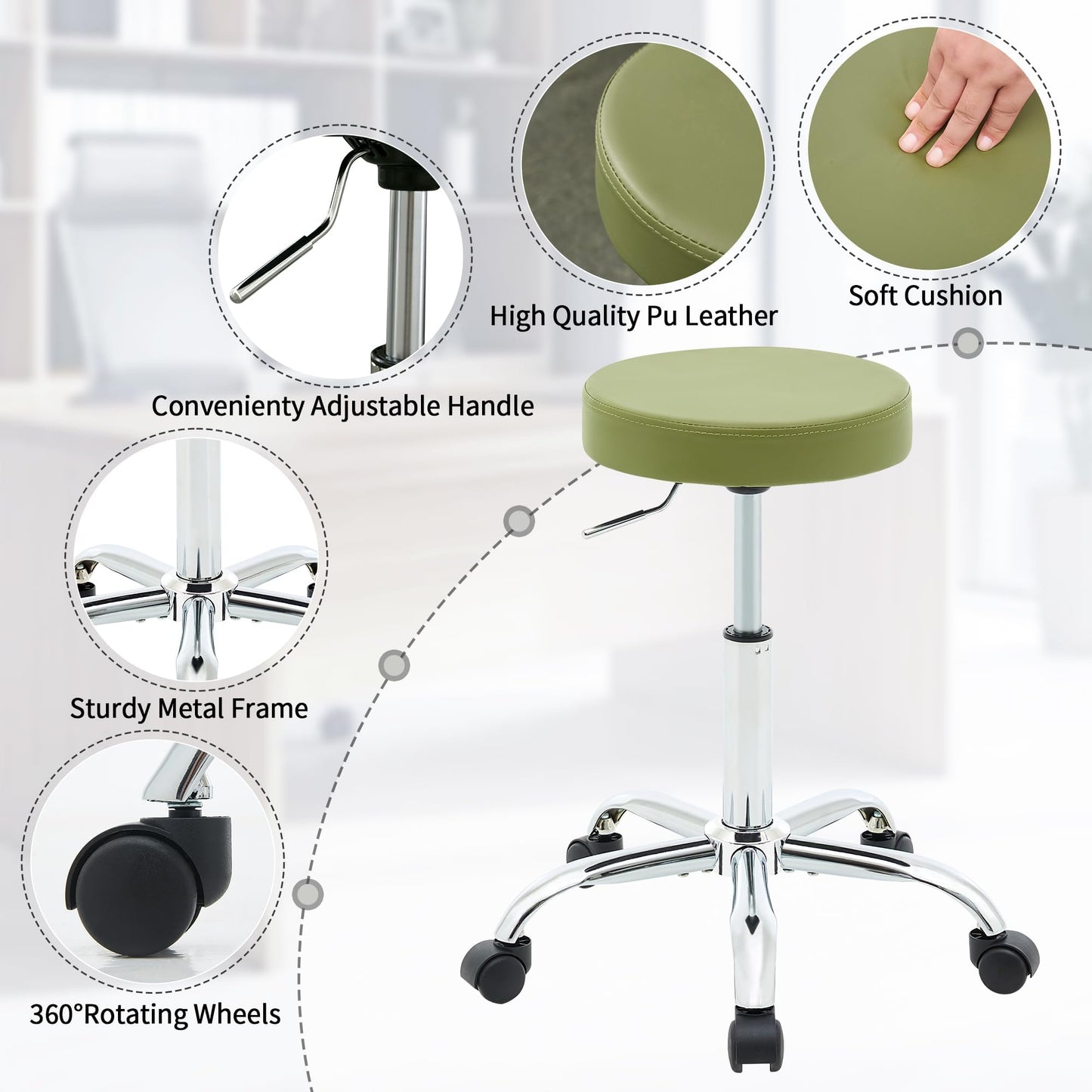 FIRAVOE Adjustable Rolling Drafting Stool with Wheels, Backless Office Chair, Height Adjustable 49.5–67.6 cm, Swivel Work Stool