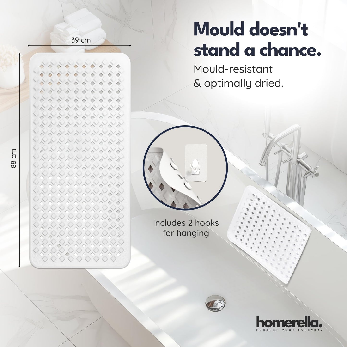 homerella Bath Mat Non Slip Anti Mould 88x39cm Shower Mat Non Slip Bath Mat