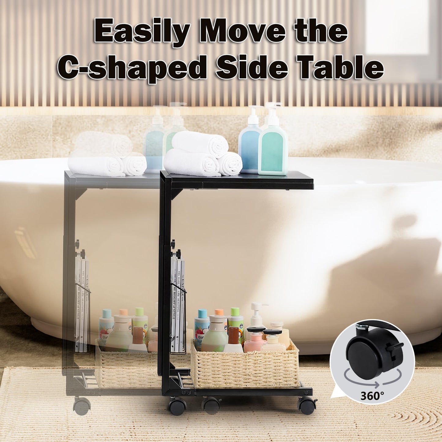 C Shaped Side Table Metal Frame Black Side Table With Wheels 2-tier Shelf