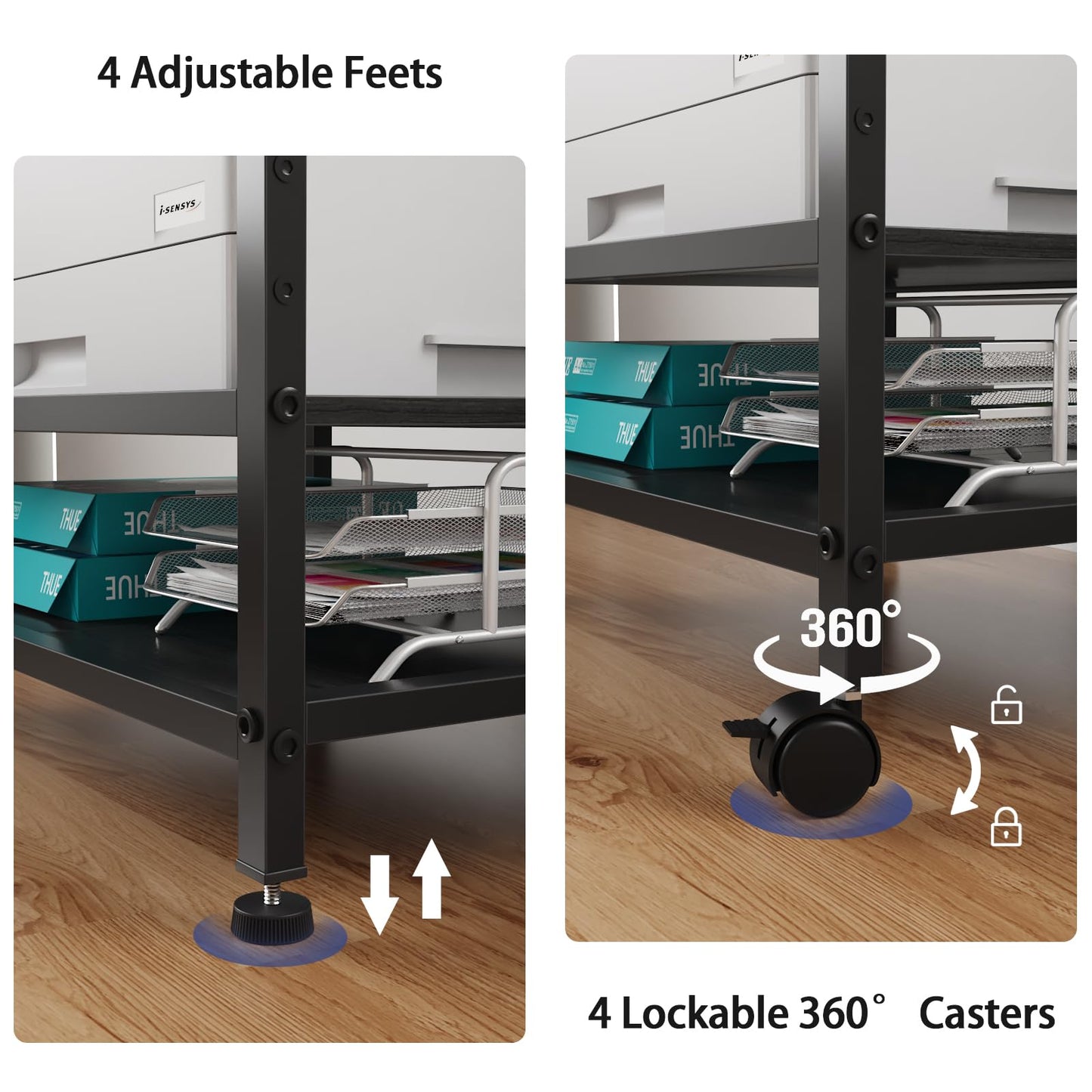 OYRREU 3-Tier Rolling Printer Stand with Outlets for Home, Office, Black