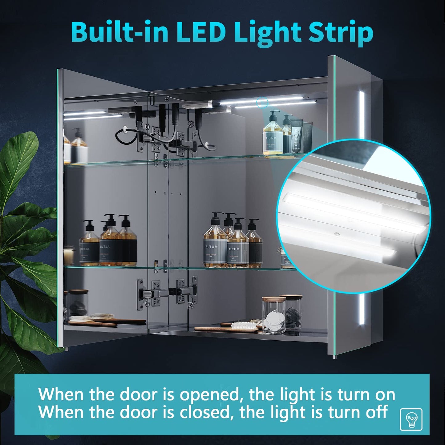 ELEGANT Bathroom Mirror Cabinets with Lights and Shaver Socket, Double Door Stainless Steel Bathroom Wall Cabinets with Demister Pad & Adjustable