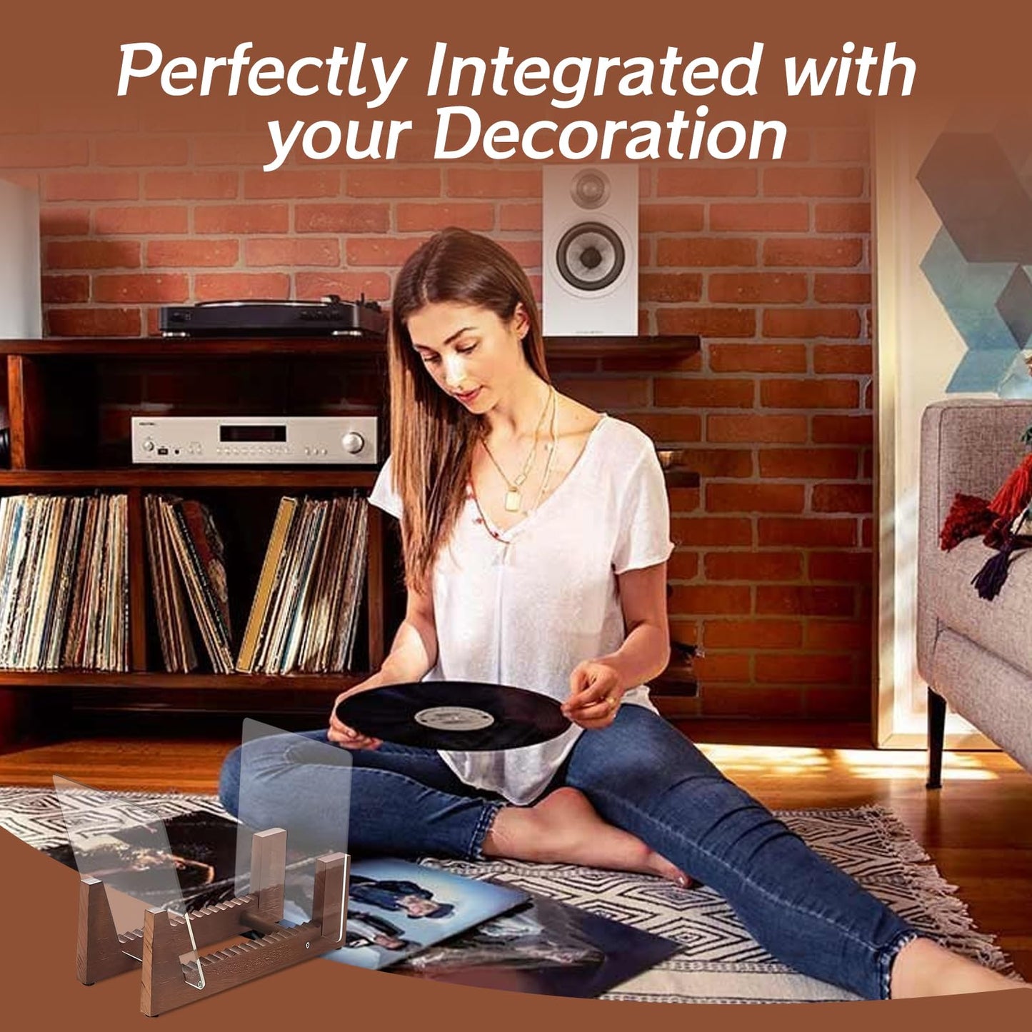 DYHNQE Vinyl Record Storage Holder, Solid Wood Album Storage Display Stand Album Organizer Record Holder Up to Hold 50 Single or Double LPs and 7"