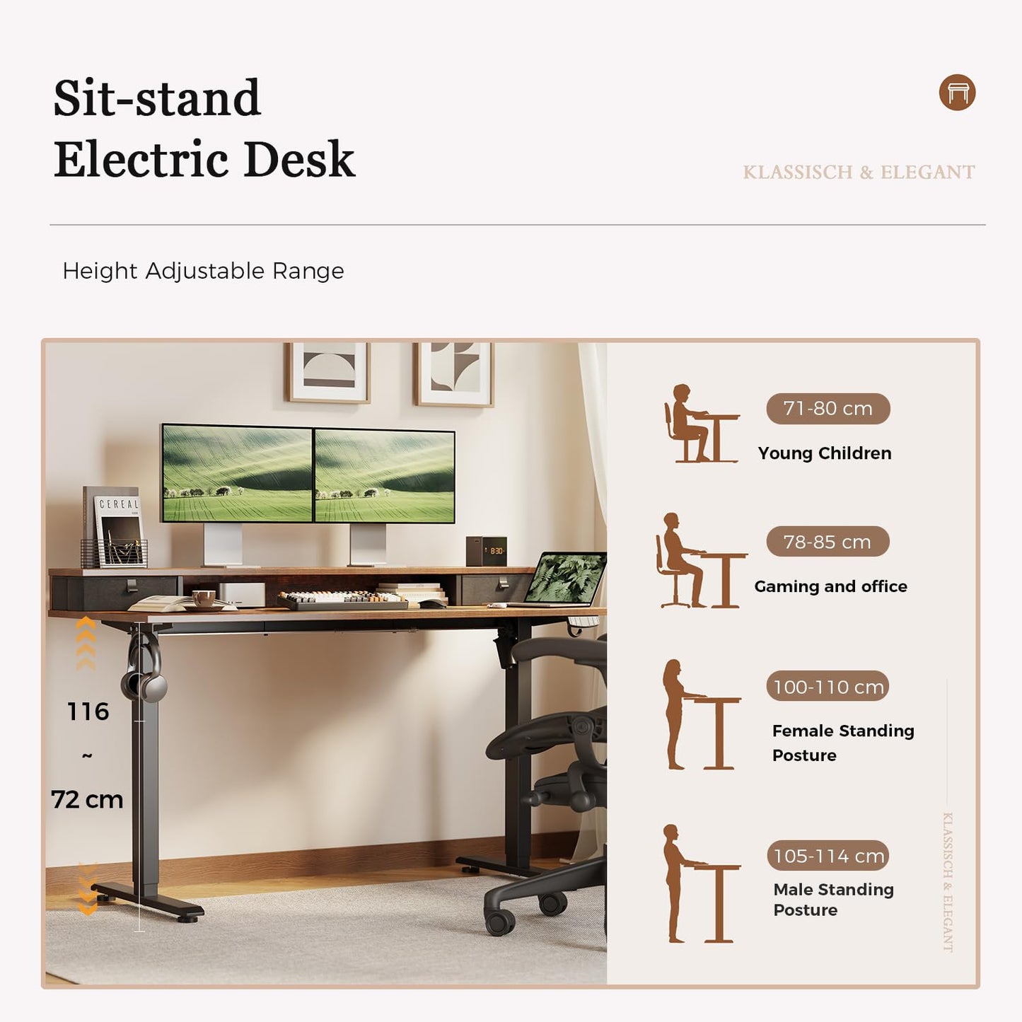 Klicelor Electric Height Adjustable Desk, with 2 Fabric Drawers, 160x60cm