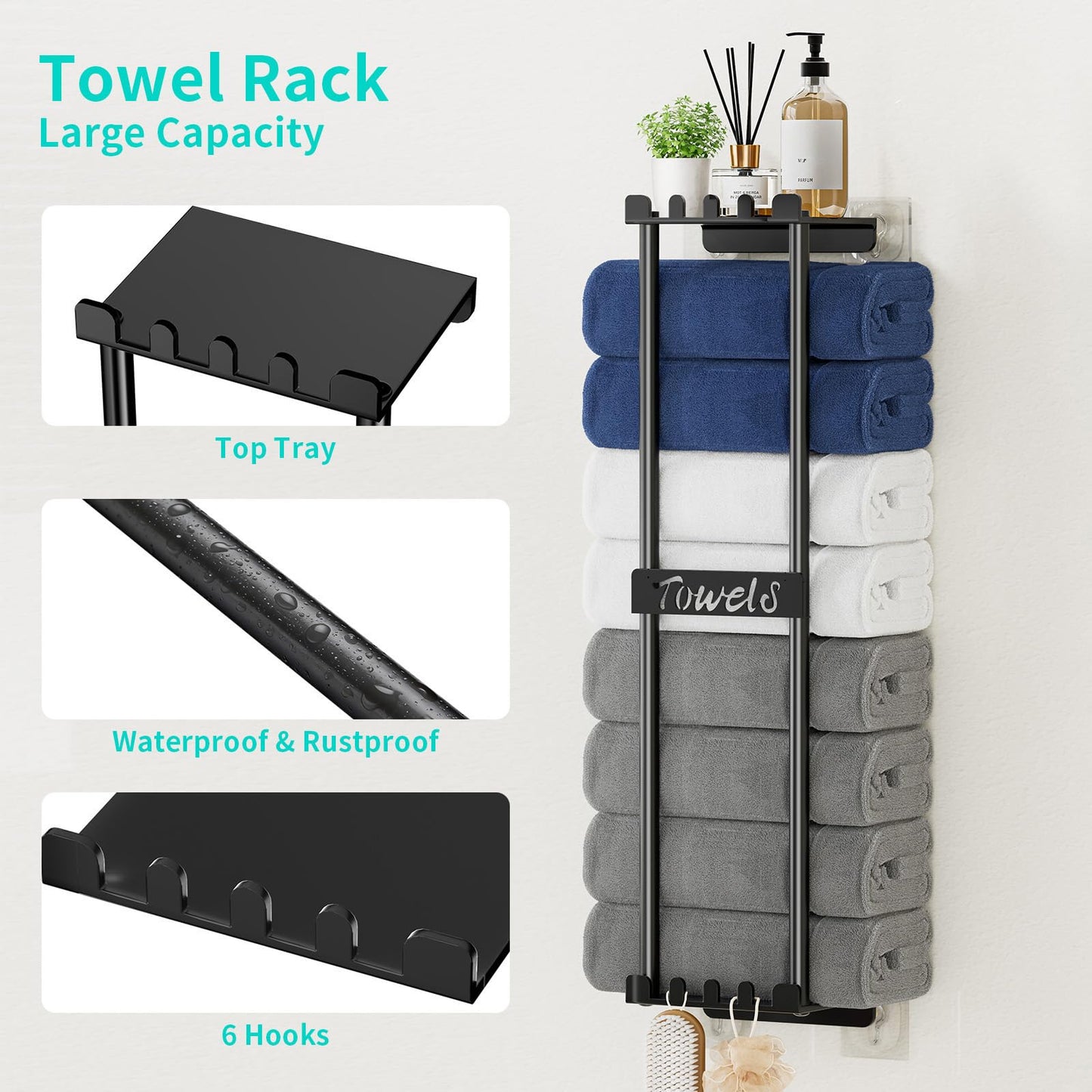 HapiRm Towel Rack Wall Mounted - 6 Hooks with Top Shelf,No Drilling