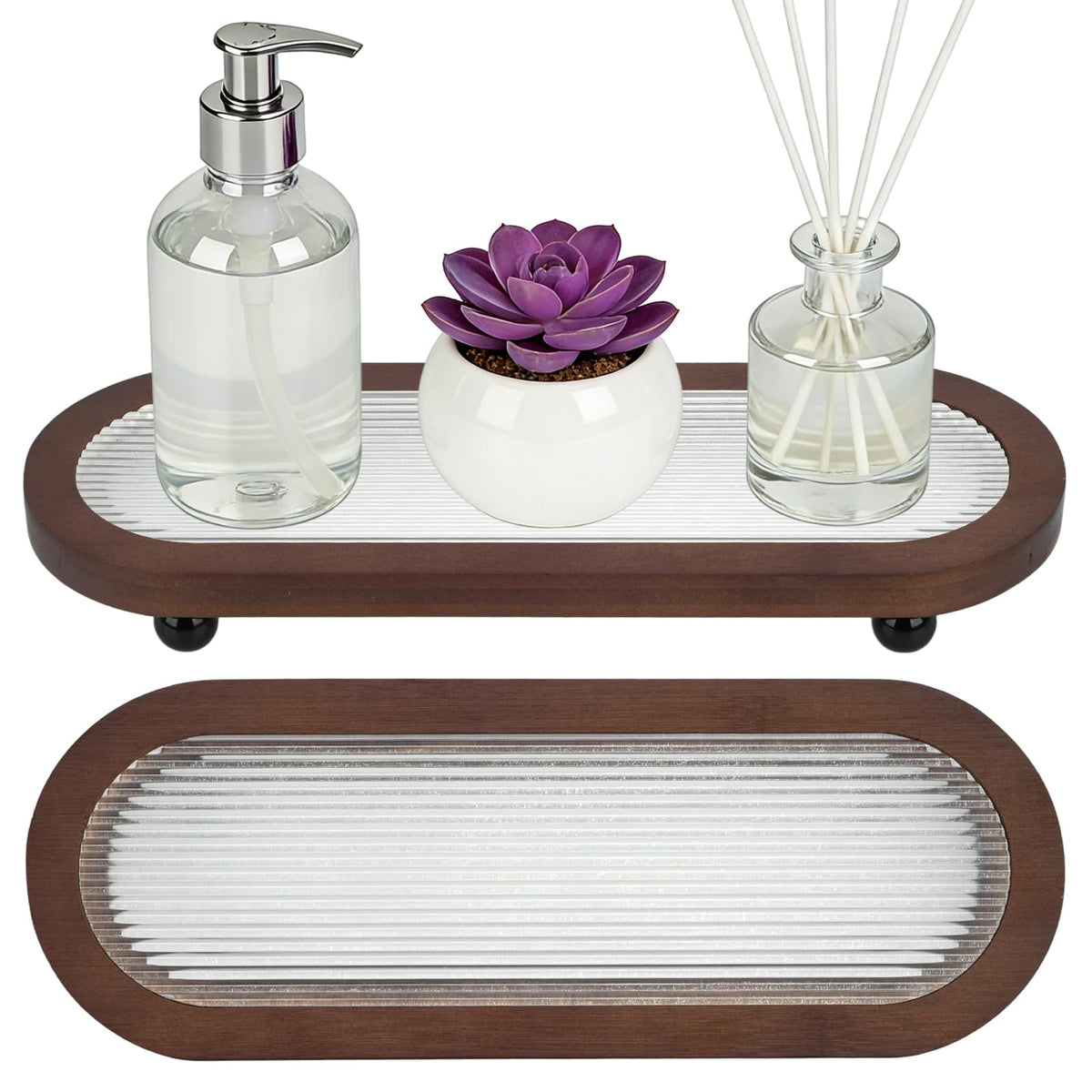 Decorative Serving Tray with Wood Frame and Embossed Clear Acrylic Insert, Oval Shape with Ball Feet, 30x11x3.5cm Stripe