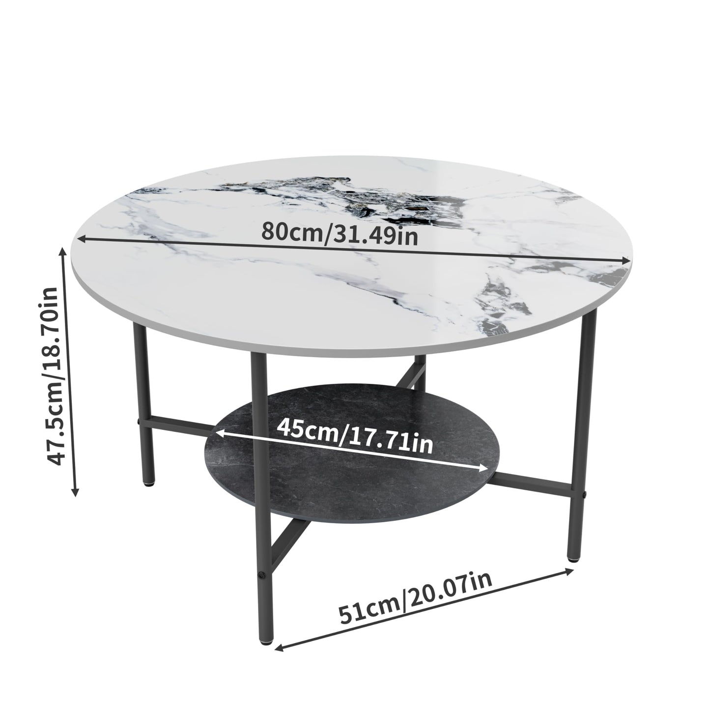 Round Coffee Tables Sintered Stone: 2-Tier Circle Coffee Tables 80 cm White Black Textured Marble Table Top with Sturdy Aluminum Frame Couch Center