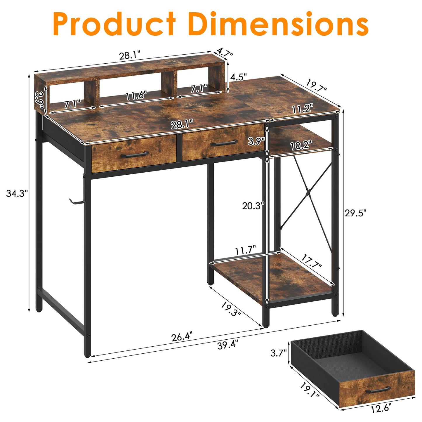 Feonase Ergonomic Computer Desk with Monitor Riser, 2 Under-Desk Drawers, CPU Stand & Hook – MDF Desktop for Home Office