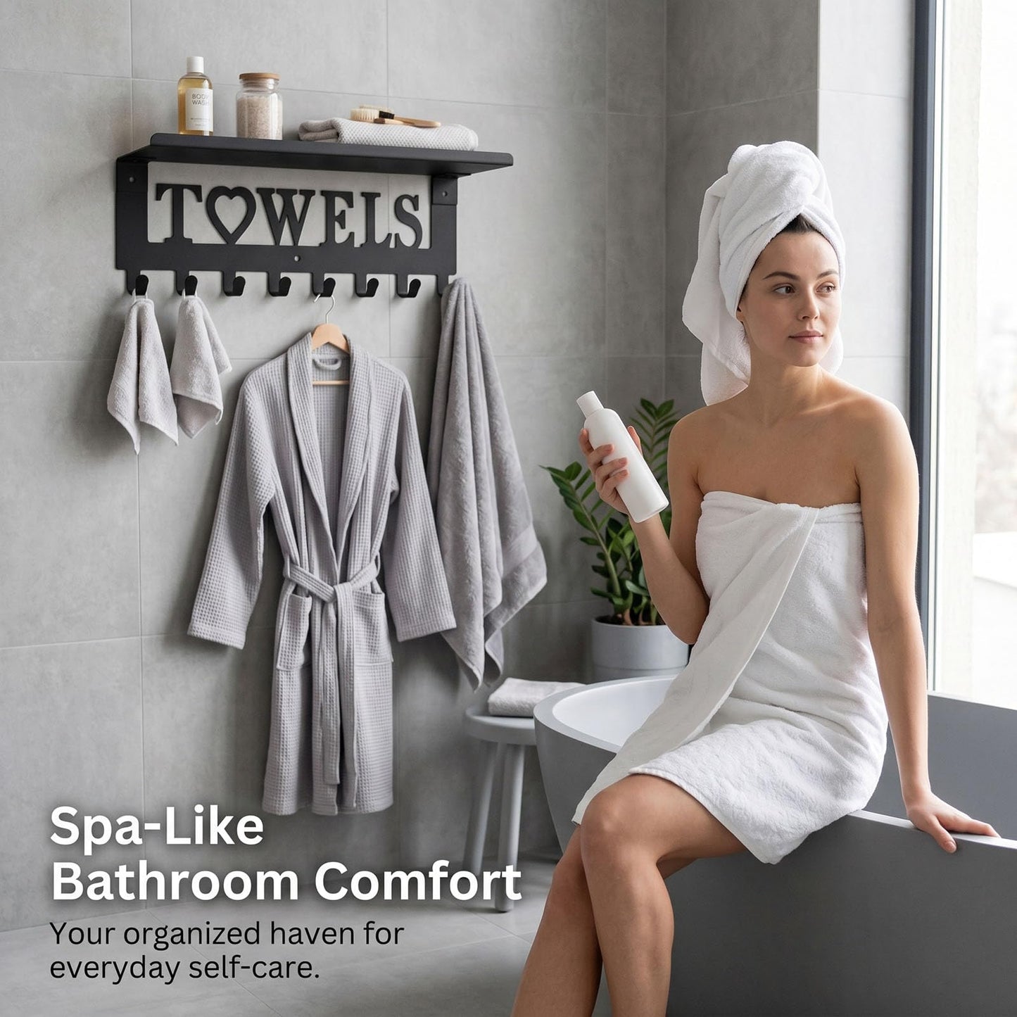 Raoletin Metal Hot Tub Towel Rack Wall Mounted Towel Holder with Shelf and 8 Towels Hooks for Bathrooms