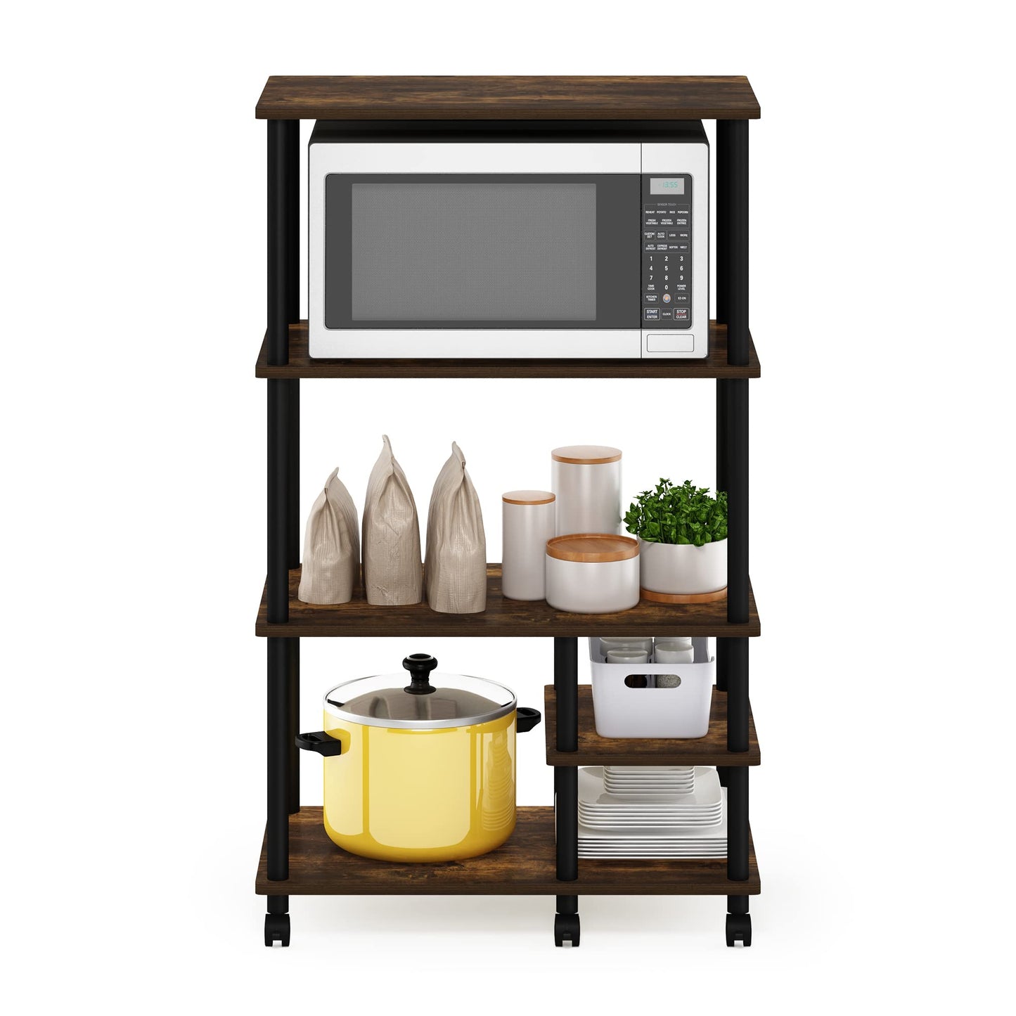 Furinno TURN-N-TUBE Bakers Rack with Wheels, 4-Tier Kitchen Storage Cart, Kitchen Cart, Coffee Bar, Pantry Organizers and Storage, Amber Pine