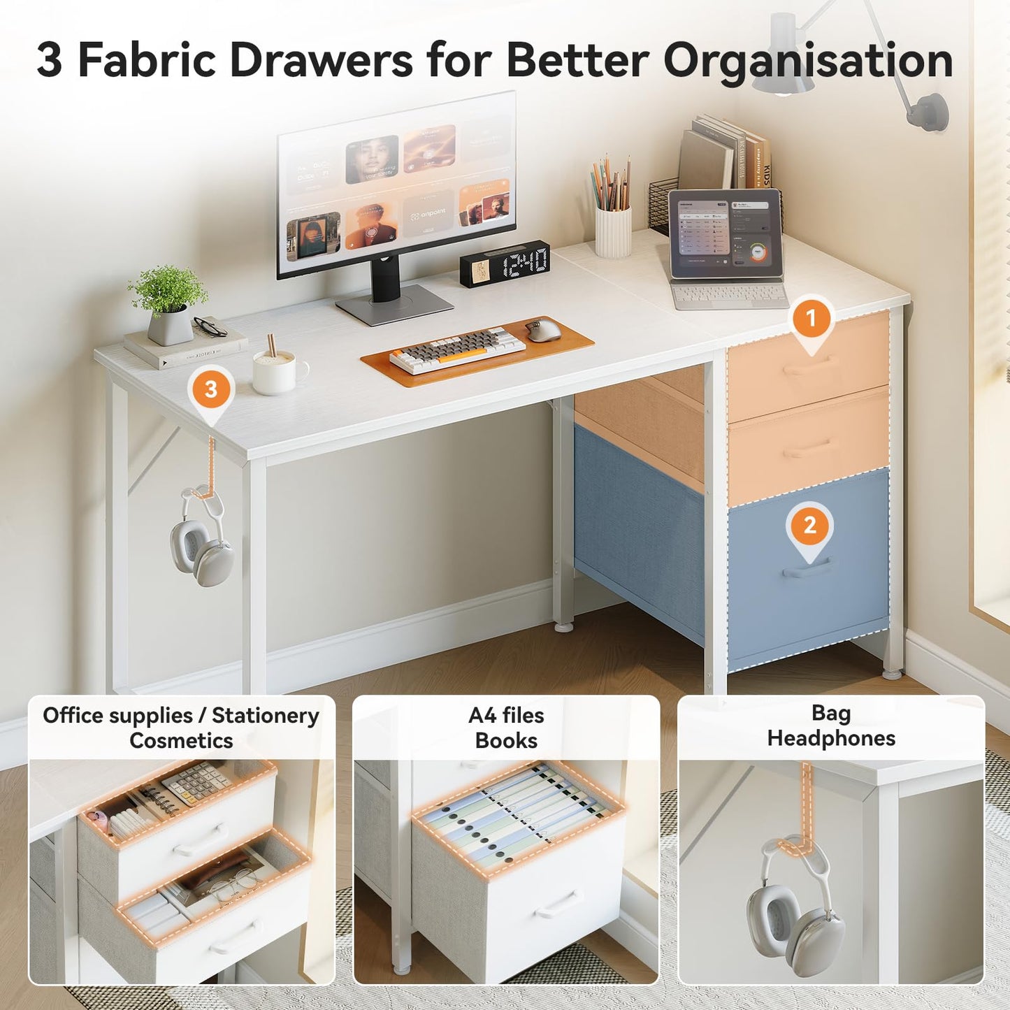 Coleshome Computer Desk with Drawers, 100cm Office Desk with Storage, White