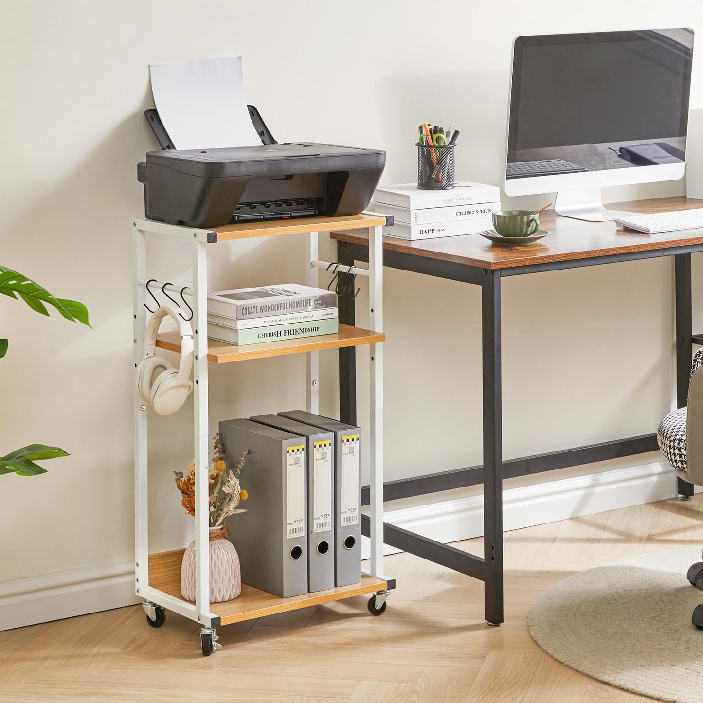 YMYNY 3 Tier Under Desk Printer Cart on Wheels Stand,Natural HPT002N