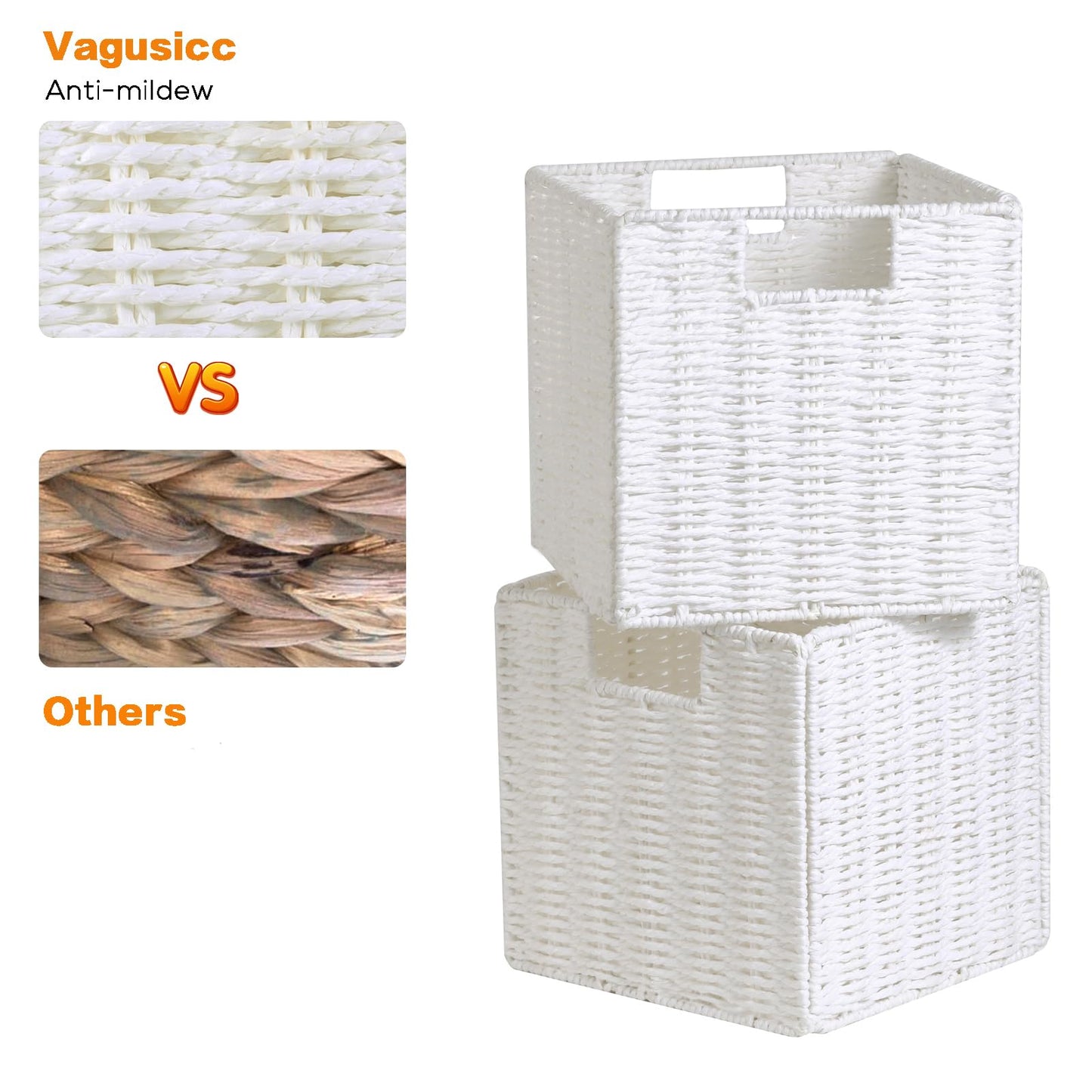 Vagusicc 2-Pack Wicker Storage Basket with Handles, Foldable Storage Organizer Bins for Shelves