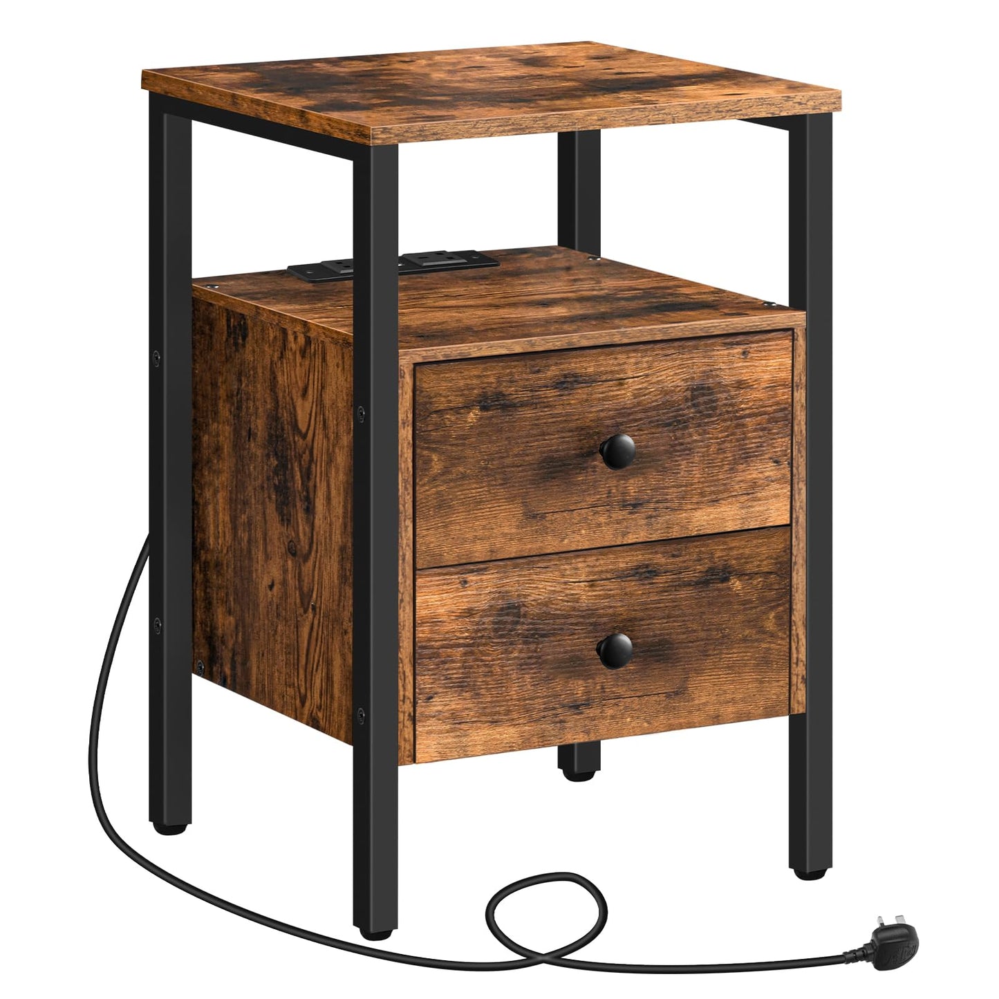 HOOBRO Bedside Table, Side Table with Charging Station, 2 USB Ports and 2 Sockets, End Table with 2 Drawers, Sofa Side Table, Nightstand for Living