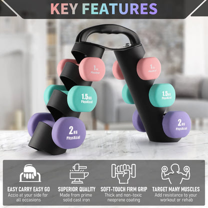 PhysKcal Dumbbells Set with Carry Stand, 2 x 1kg, 2 x 1.5kg, 2 x 2kg, Neoprene Coating Soft Grip Arm Weights for Women, Hand Weights Set for Ladies,