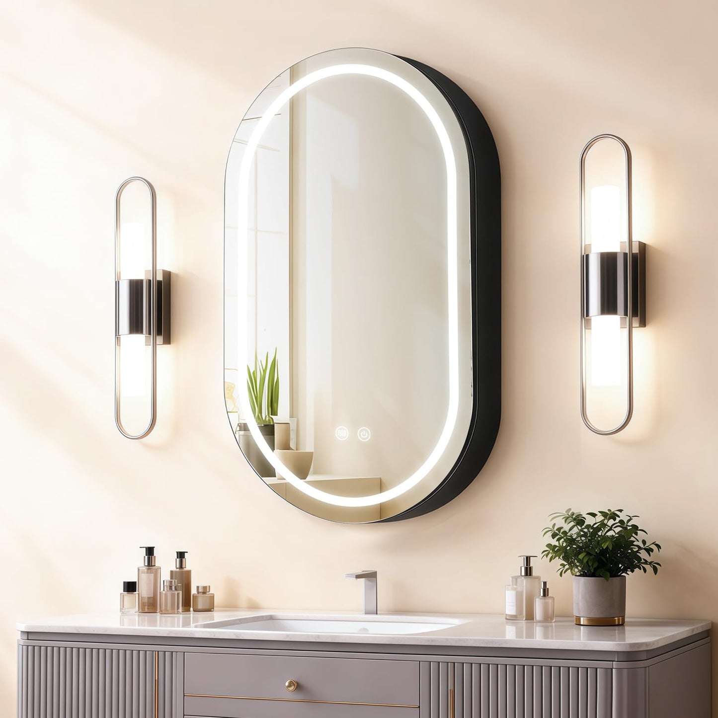 Janboe Capsule Shape Mirror Cabinet with Light,LED Mirror Cabinet,USB Shaver Socket,Internal Light,Steel with Powder Coating,Soft Closing