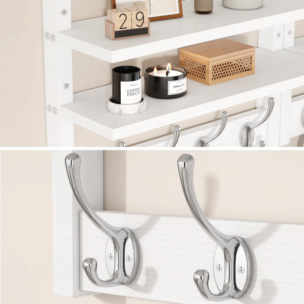YMYNY 2-Tier Coat Hooks Wall Mounted with Shelf, White HWS009W-2