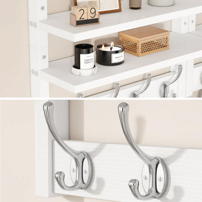 YMYNY 2-Tier Coat Hooks Wall Mounted with Shelf, White HWS009W-2