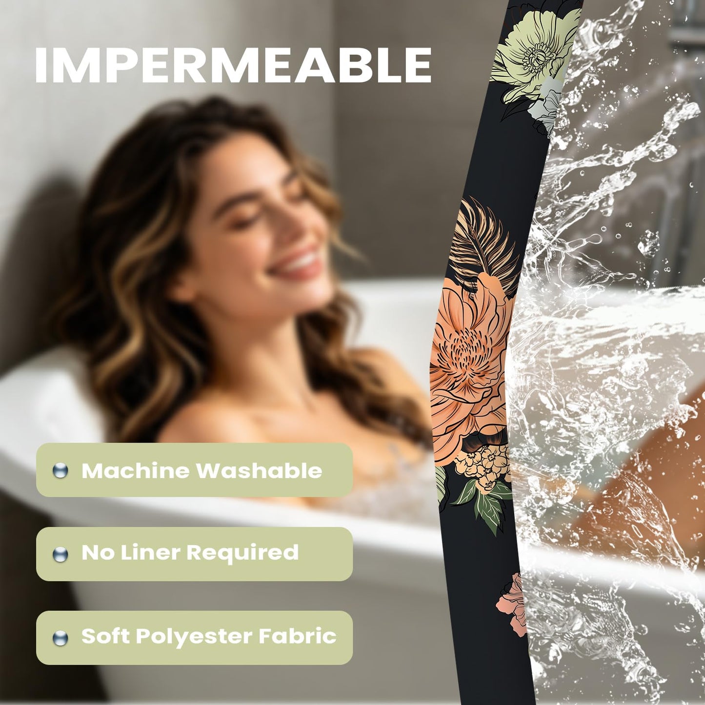 BREASOME Waterproof Shower Curtain 180 x 180 cm Floral and Butterfly Shower Curtain for Bathroom Decor Mould Proof Polyester Fabric Bath Curtain with