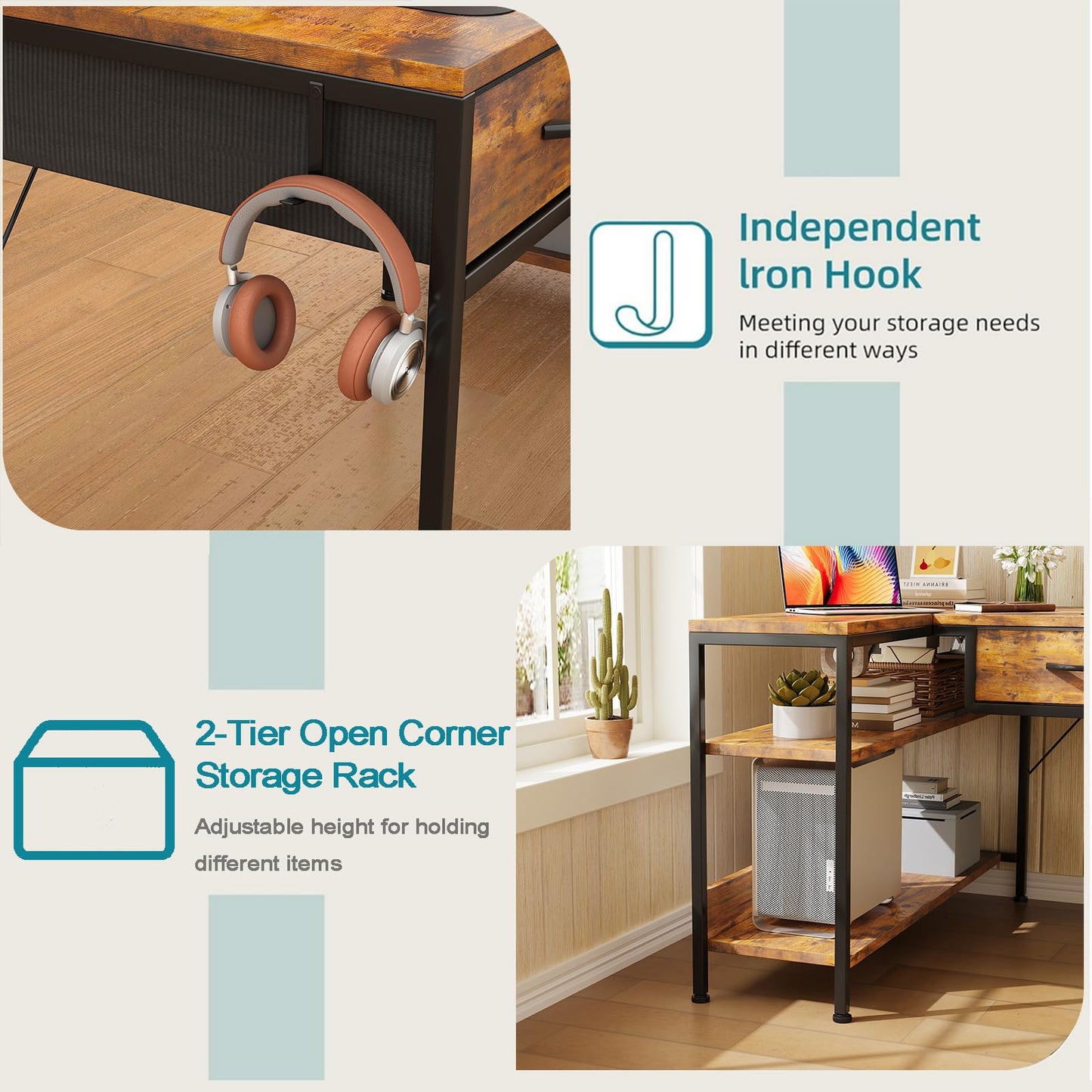 CAIYUN L Shaped Computer Desk with 2 Drawers, 100CM Office Corner Desk with 2 Storage Shelves, Working Table Study Table for Home Office Desk, Brown