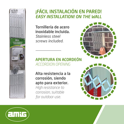 Amig - Wall Mounted Clothes Airer 80cm | Aluminium Drying Length | Extendable Clothes Line with 5 Bars | Dimensions: 80 x 14 x 3 cm | Foldable Clothes