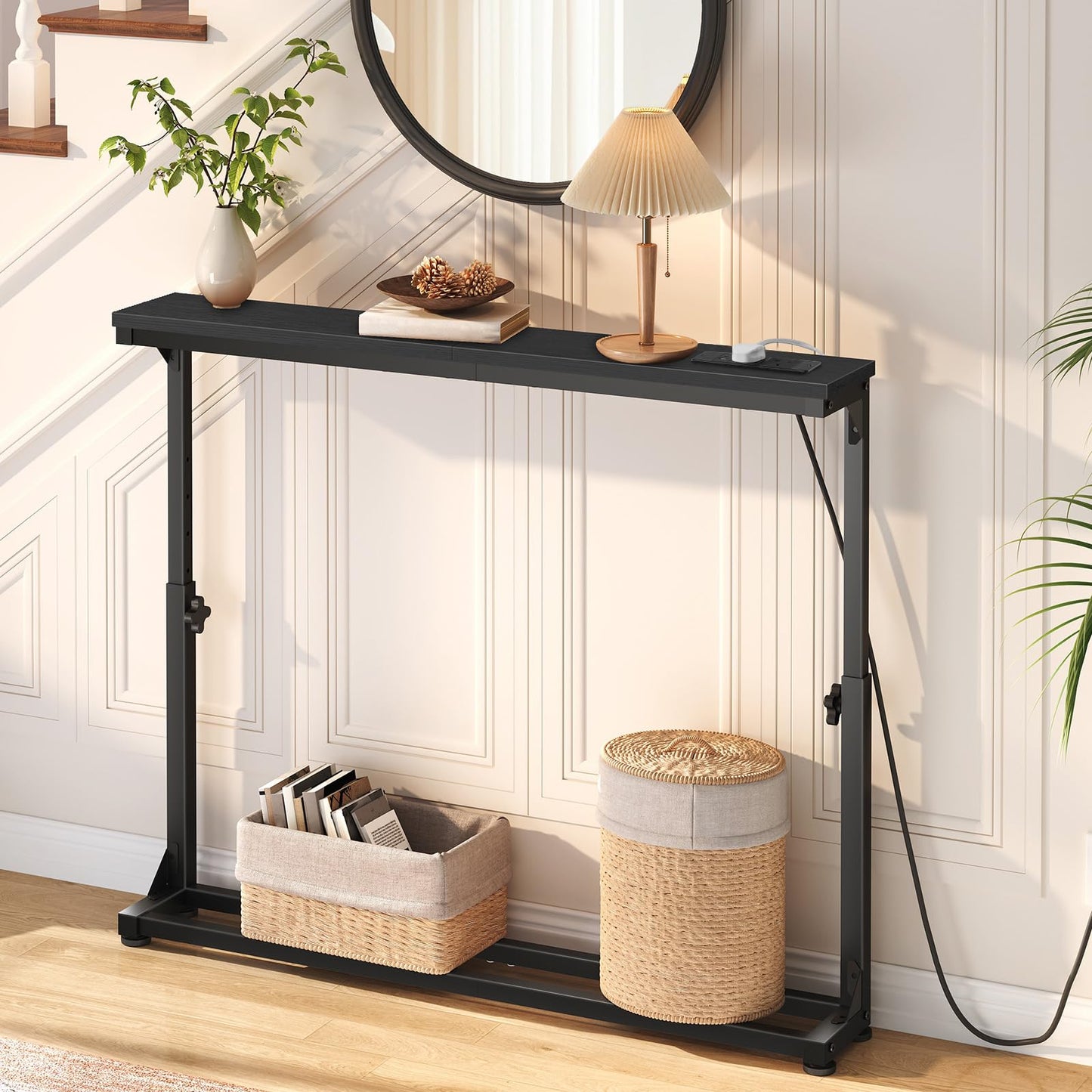 HOOBRO Slim Console Table with Adjustable Height (63.5-83.5 cm), Behind Sofe Table with Charging Station, 100 cm Narrow Console Table for Hallway