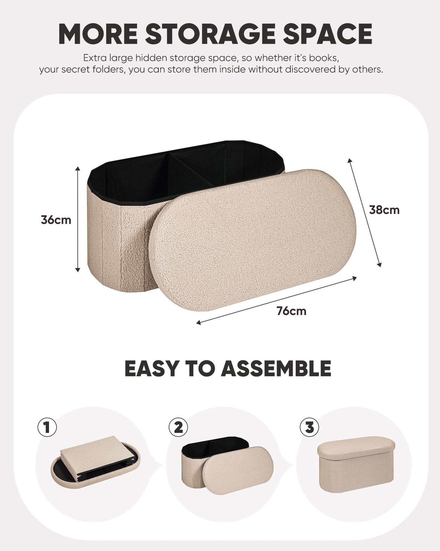 Bonlife Folding Ottoman Storage Bench, Boucle Footstool Oval, End of Bed Stool, 90L Storage Space, Ideal for Living Room, Bedroom, 76x38x38cm, Beige