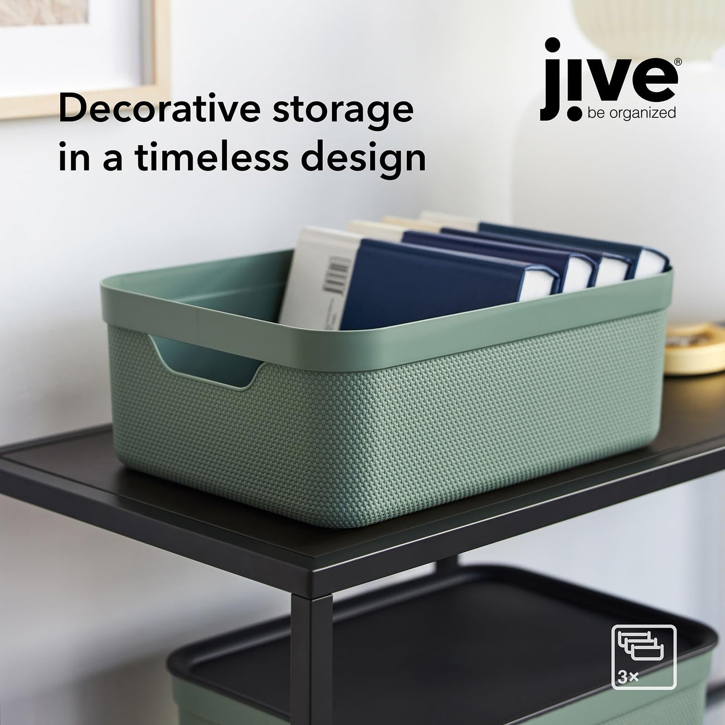 Rotho Jive Dekobox Set of 3 storage box 10l with lid, Plastic (PP recycled), 10l (37.5 x 27.8 x 13.5 cm), Green