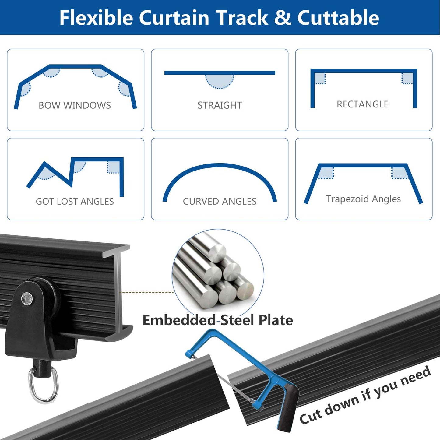 Ceiling Curtain Track, Flexible Bendable Curtain Track 10Ft Black Curved Curtain Rail Ceiling Wall Mount Curtain Sliding Track System Set for RV