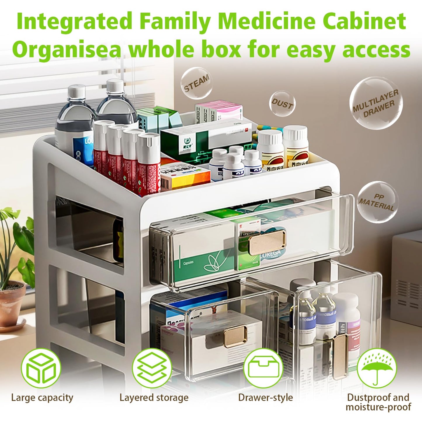 Ruiqas Stackable Medicine Storage Box with 4 Clear Drawers