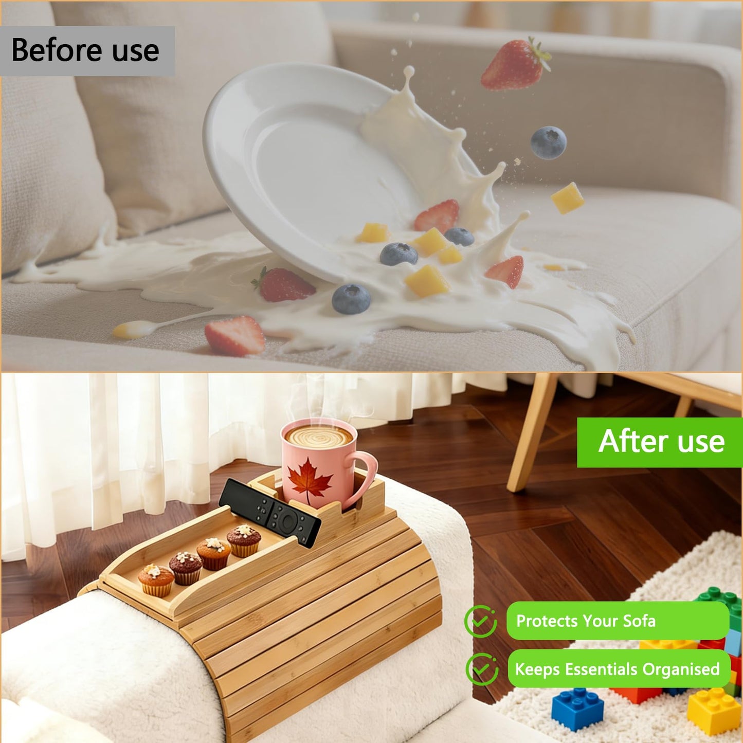 Wooden Armrest Tray with Magnetic Removable Tray, Cup Holder & Phone Slot – Multifunctional Organizer for Sofa, Living Room & Office