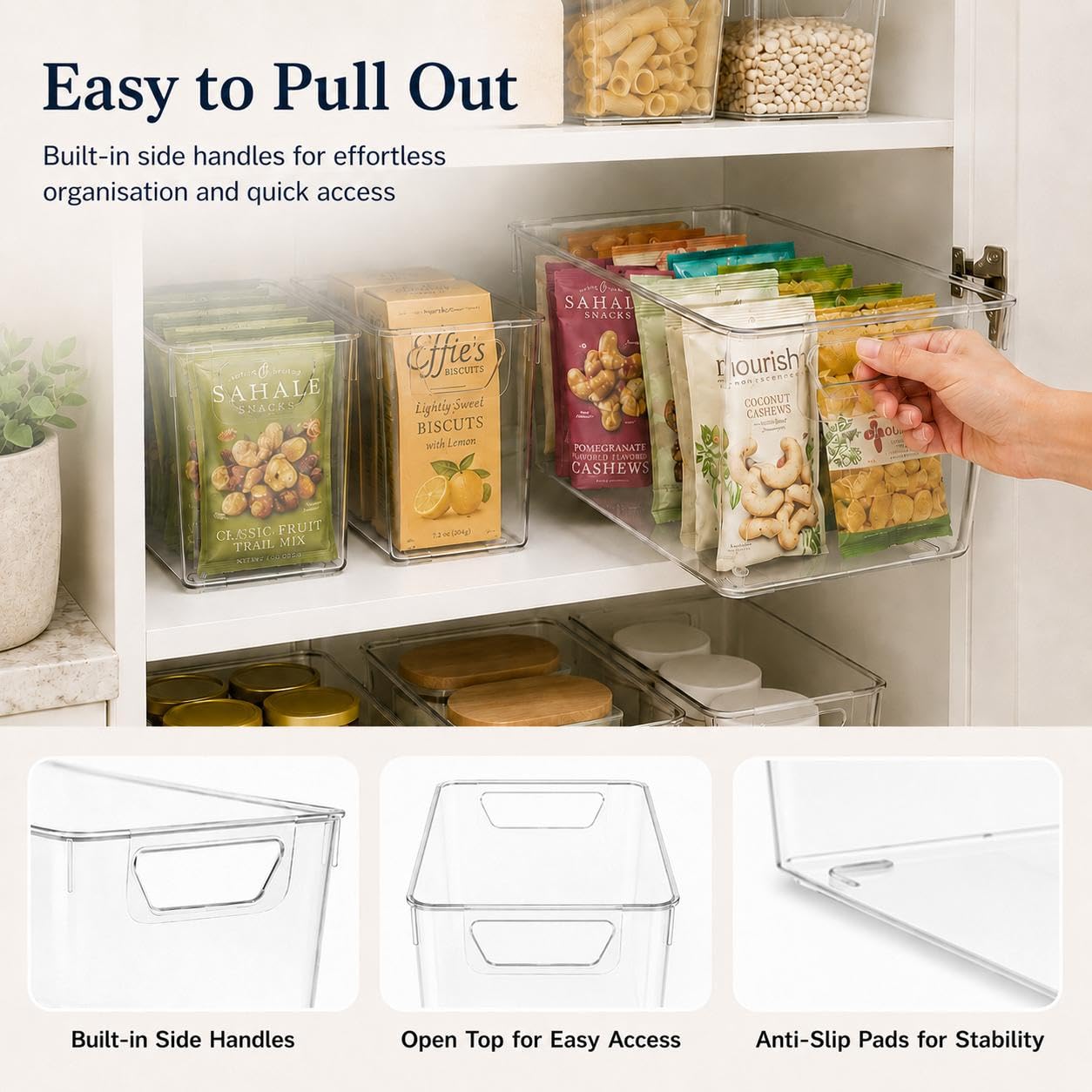 Sydroya 4 Pack Clear Plastic Storage Bins, Pantry Organiser Bins with Handle for Fridge, Kitchen, Cupboard Organization, Refrigerator, Countertop