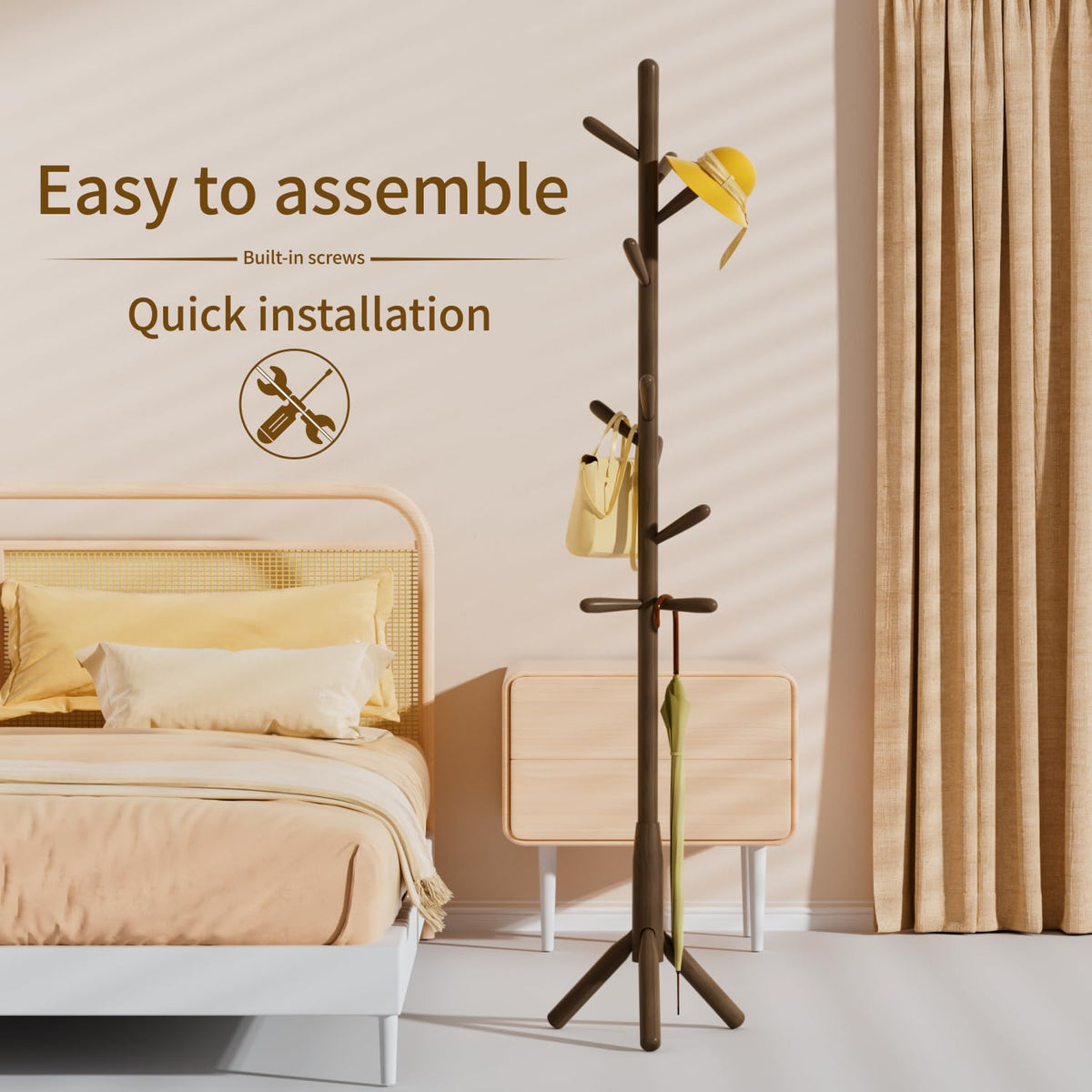 Awatiwa Solid Wood Coat Rack, Freestanding Tree-Shaped Coat Rack with 11 Hooks, Main Pole 1.6" dia,for Clothes