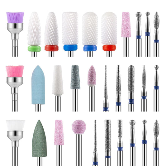 30Pcs Nail Drill Bits, Acrylic Nail Remover Drill Bit Set NailArt Tools,Drill-Bits For Nails Professional 3/32'' Ceramic Diamond Carbide Remover Bits,