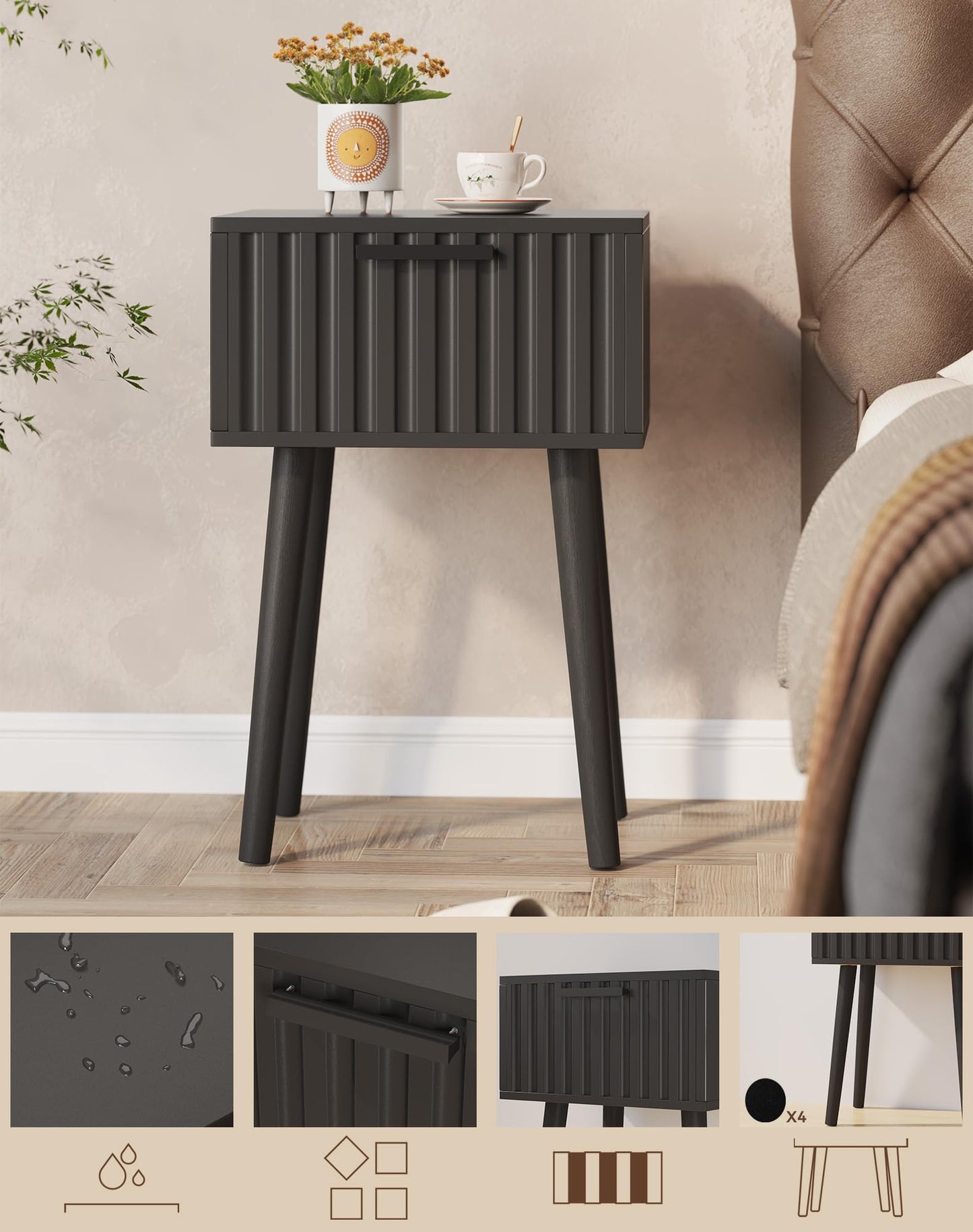YMYNY Fluted Nightstand Set of 2, Small End Table, Modern Coffee Table with Drawer, Solid Wood Legs, Retaining Chain, 35x27x53cm