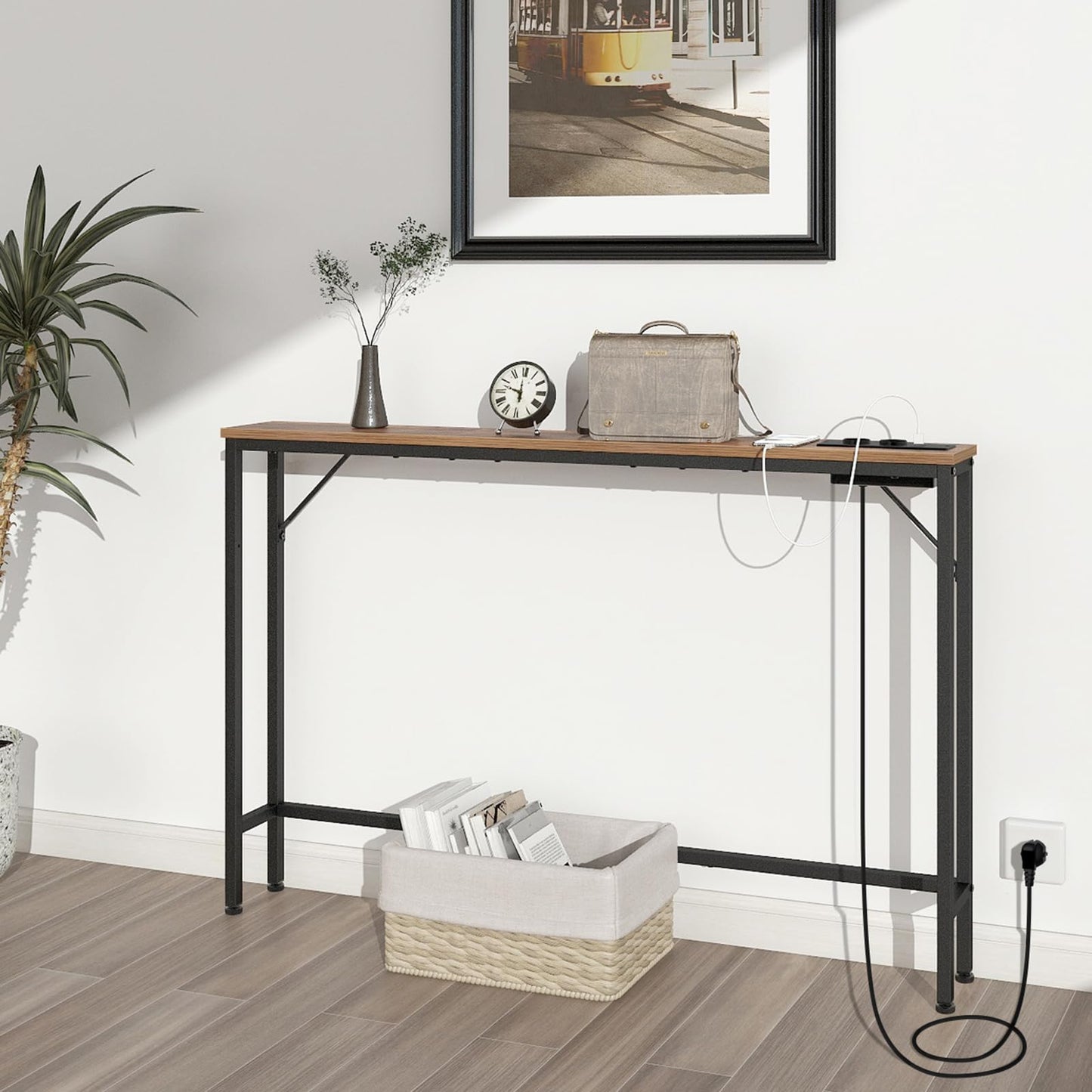 VEDECASA 5.9" Skinny Console Table with Charging Station Narrow Long Behind Couch Table with Power Outlets USB Ports Slim Sofa Table for Entryway