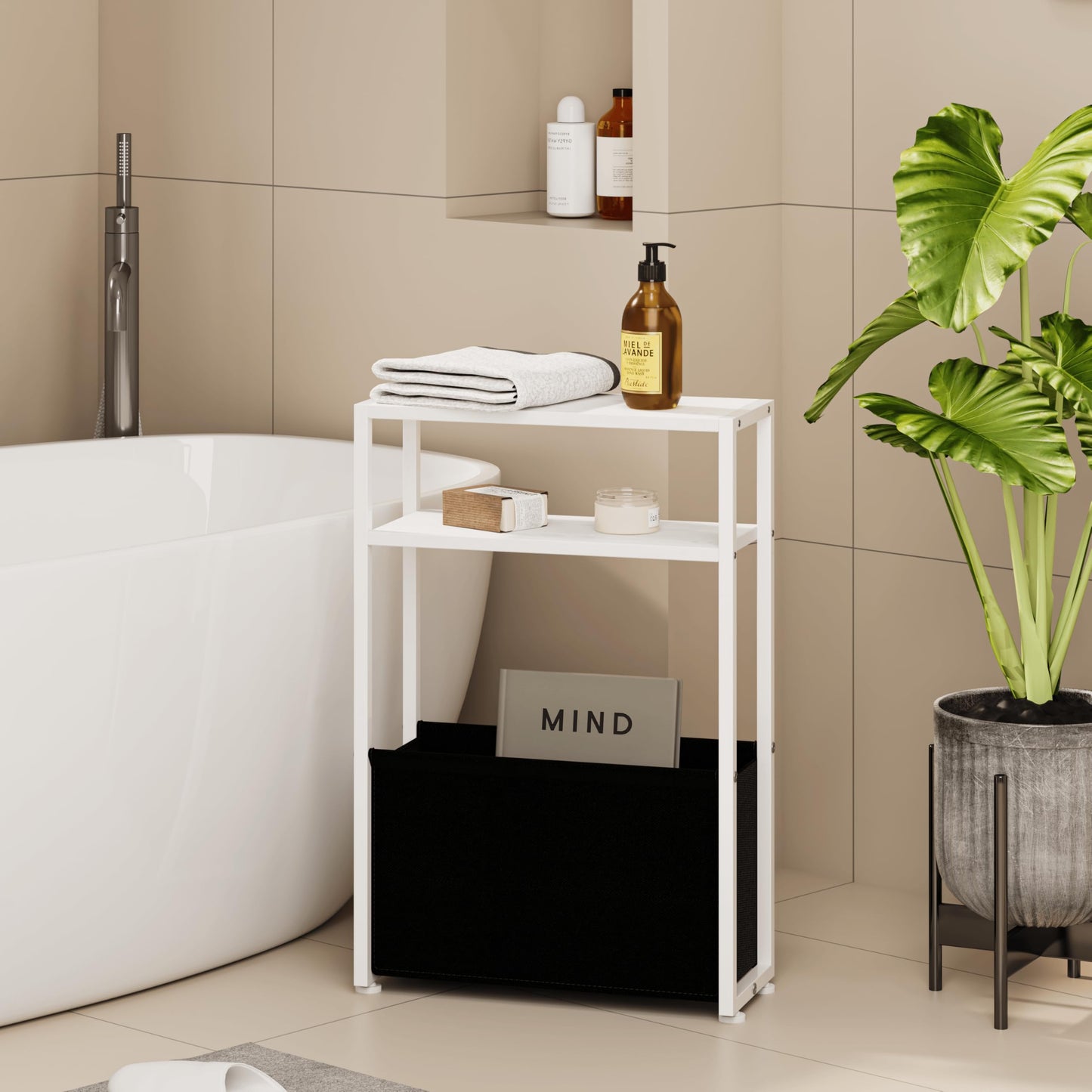 JERX Narrow Side Table with Fabric Basket, End Table for Small Spaces, Slim Side Table with Magazine Rack for Living Room Office Bedroom and Bathroom