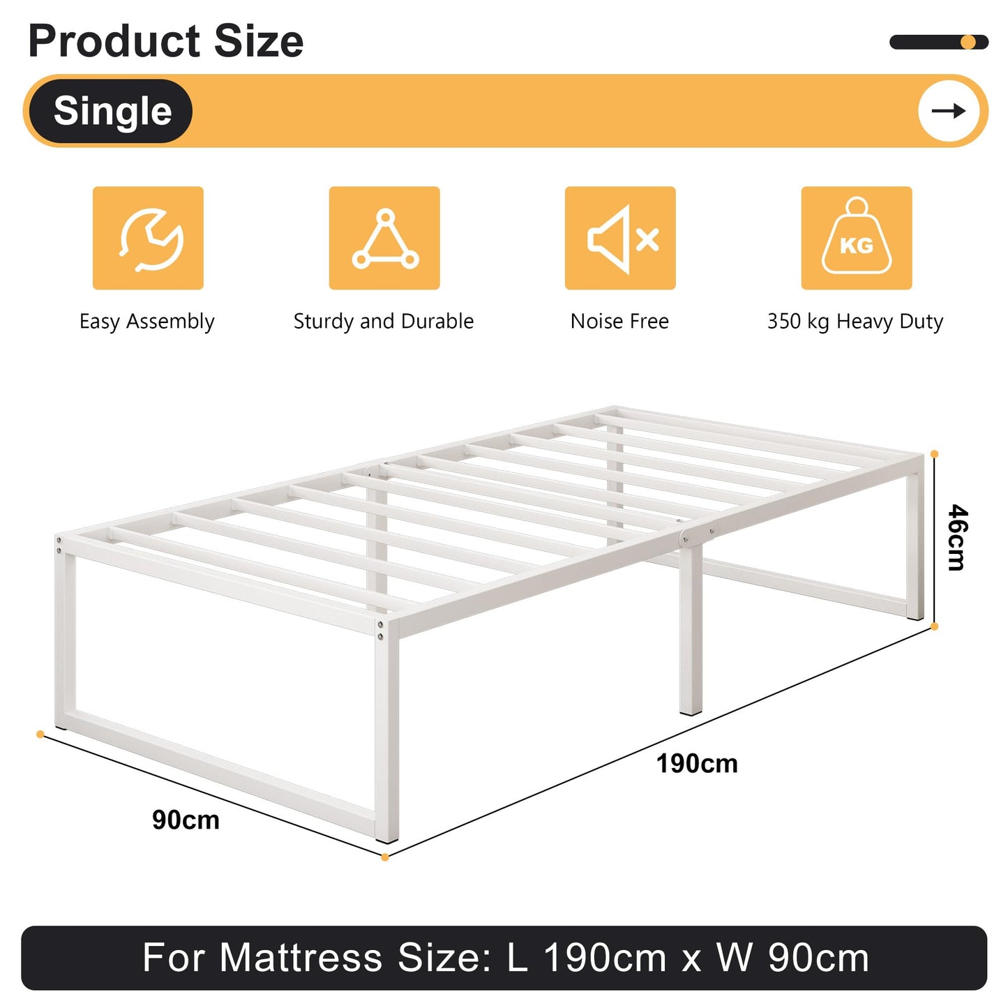 Yicensen Single Bed Frame 90x190 cm, Easy Assembly, Noise Free, White