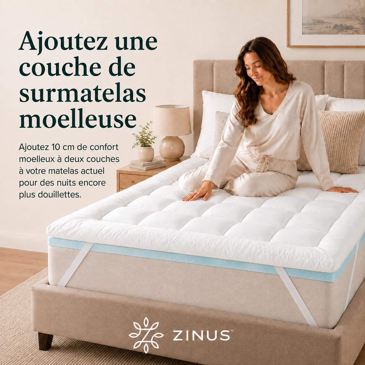 Zinus Bamboo Mattress Toppe Topper, Polyester, White, 190 x 90 cm