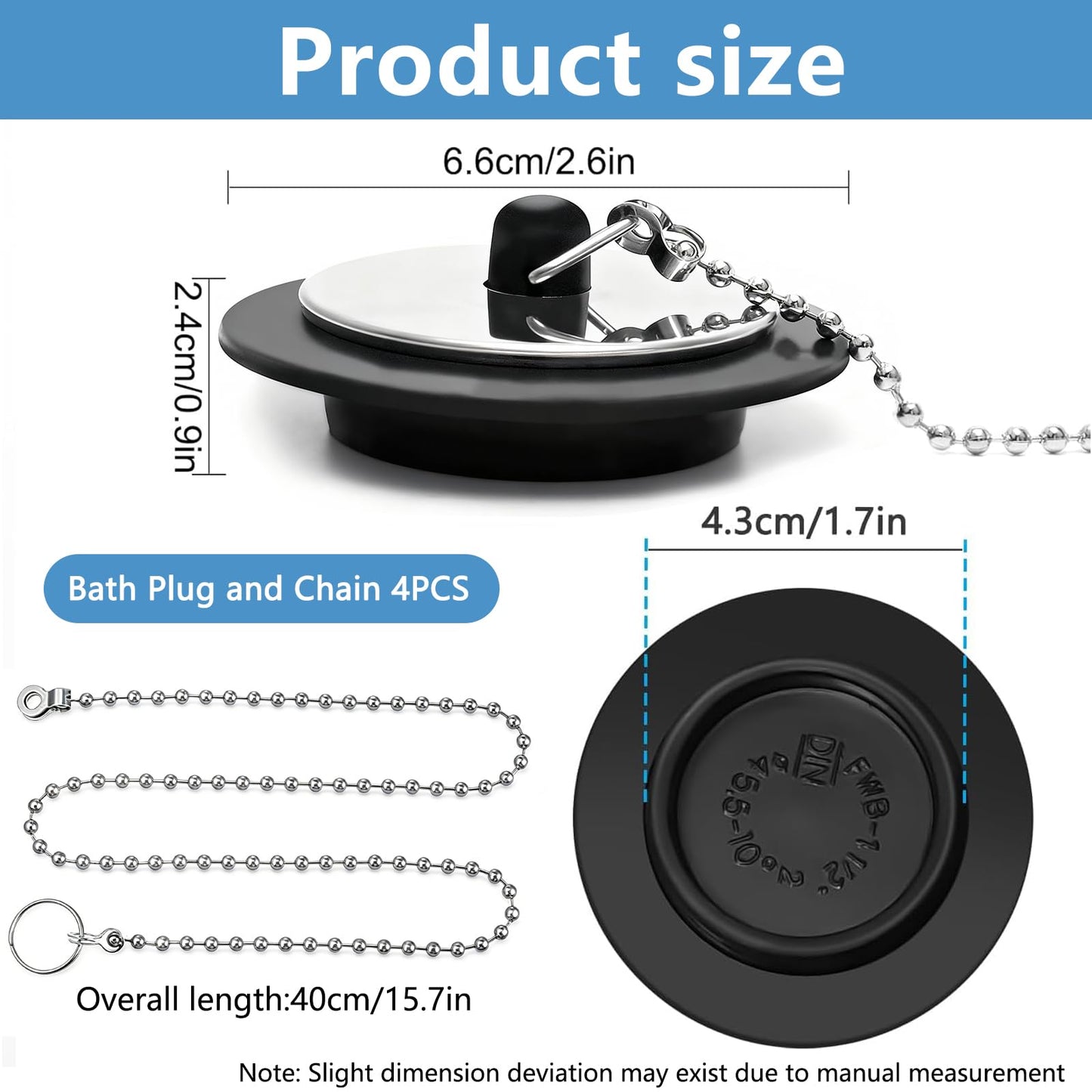 YINKIGI 4Pcs Universal Bath Plug Replacement and Upgraded Chain for UK Sink