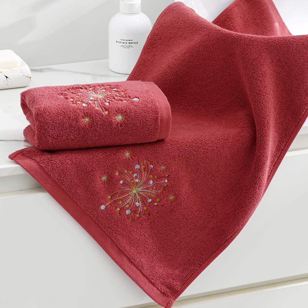 sense gnosis Celebratory Red Hand Towel Set of 2 Soft 100% Cotton Thick Absorbent Fireworks Embroidered Design Luxury Hand Towels for Bathroom Hotel