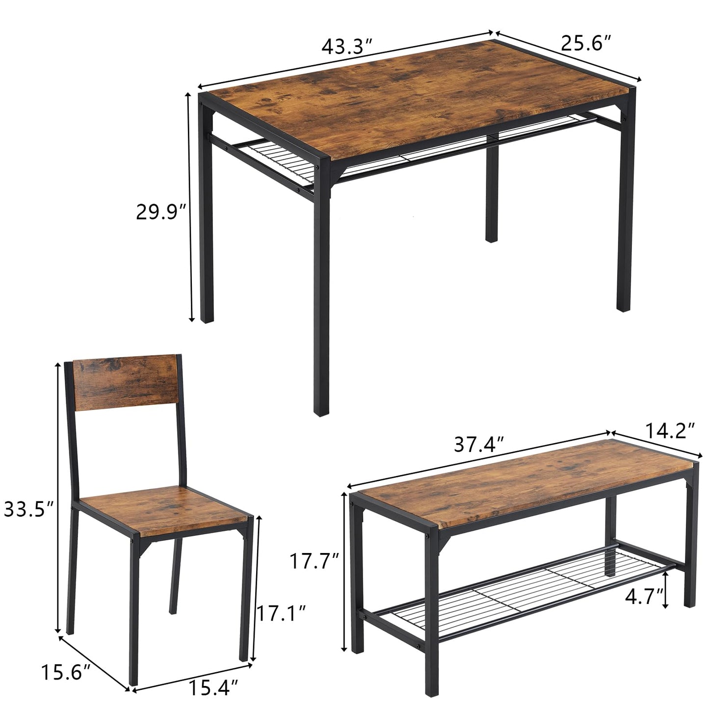 Bonnlo 4 Piece Dining Table Set for 4, Kitchen Table with 2 Chairs and a Bench, Space Saving Small Dining Set with Storage Shelf