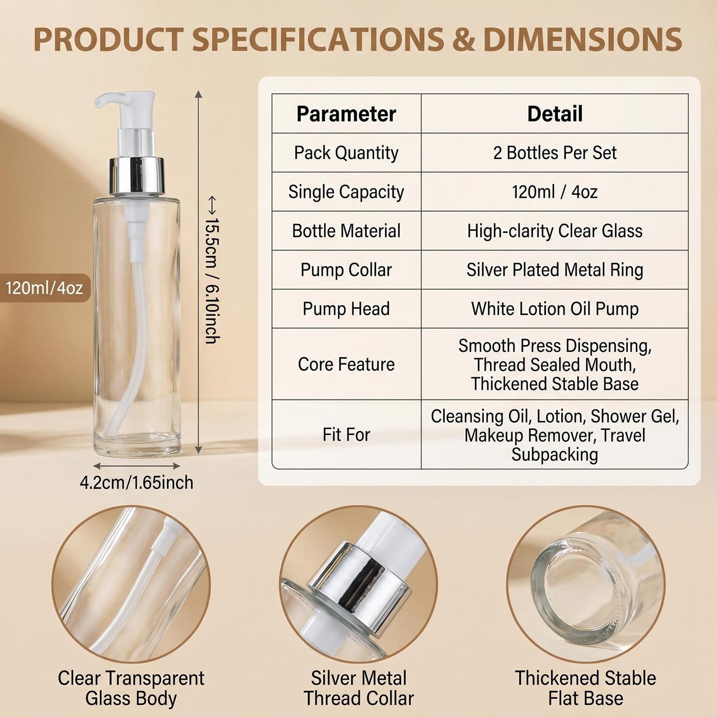 2Pcs 120ML/4OZ Clear Glass Pump Bottles Refillable Liquid Hand Soap Bottle Make Up Cosmetic Dispenser for Shampoo Lotion Home Decor Accessories